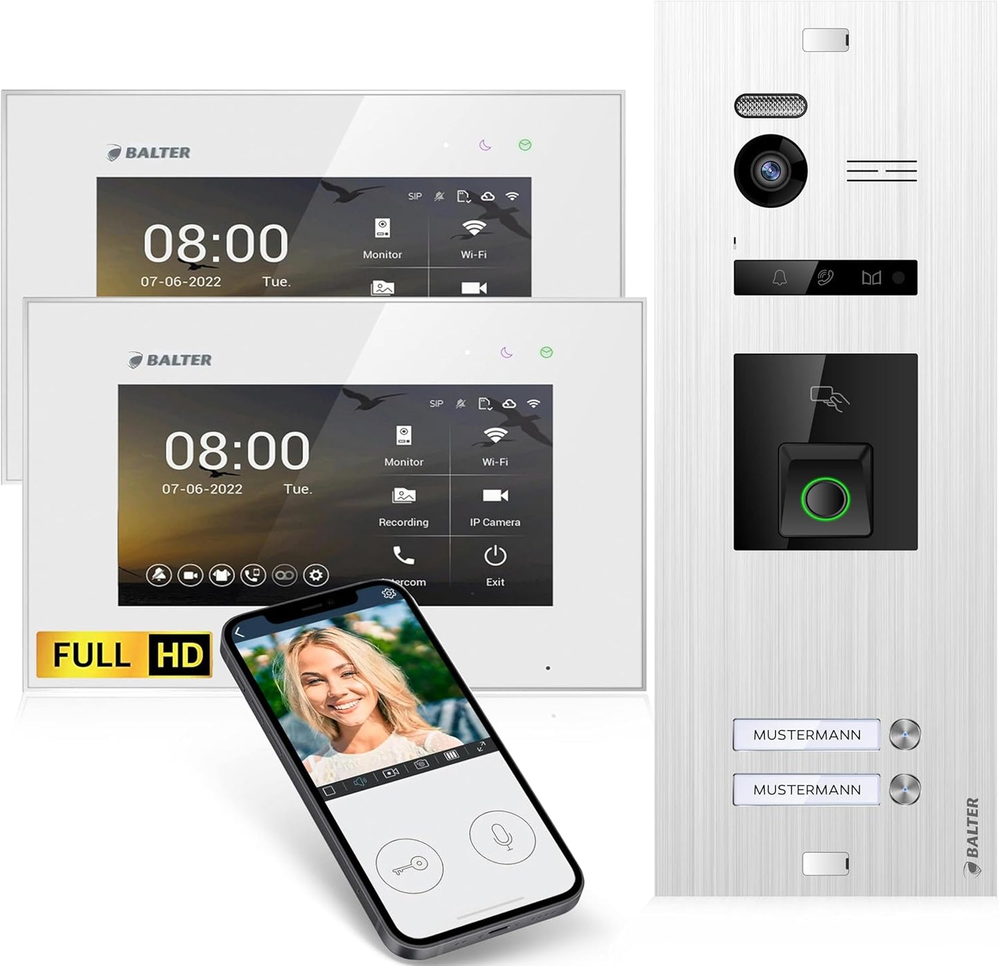 EVO-HD Video Türsprechanlage mit Fingerabdruckscanner, A. Silber/Weiss ; 2 Monitore, Mit App