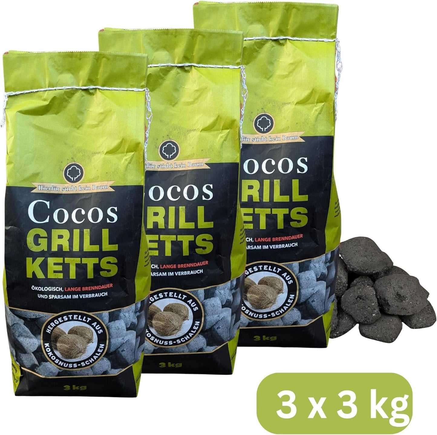 Cocos Grillbriketts mit langer Brenndauer (3x3kg), 9kg + 1 HL Kauf Block