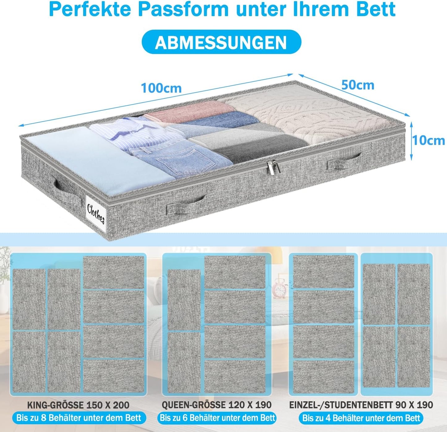 Faltbares Unterbett-Aufbewahrungsboxen-Set, 100 x 50 x 10 cm, Grau-4pcs