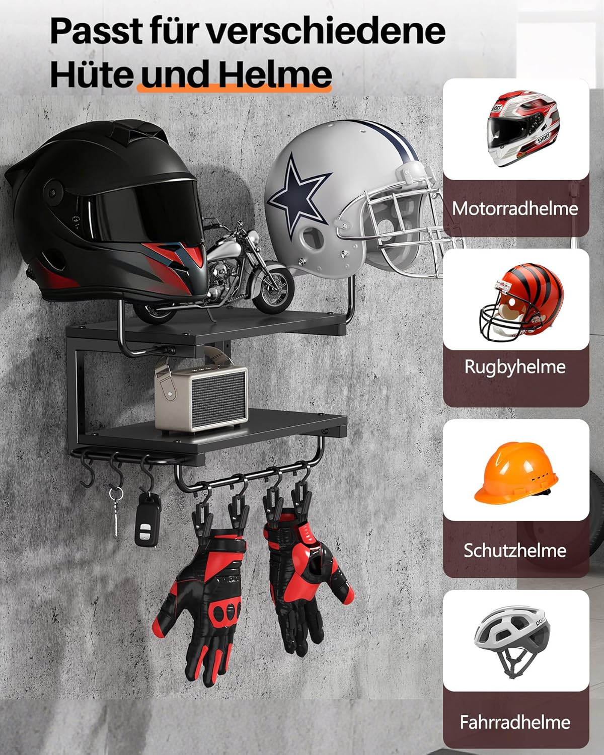 Helm-Wandhalterung mit 2 Ablagen und Haken-Set, Schwarz-klein