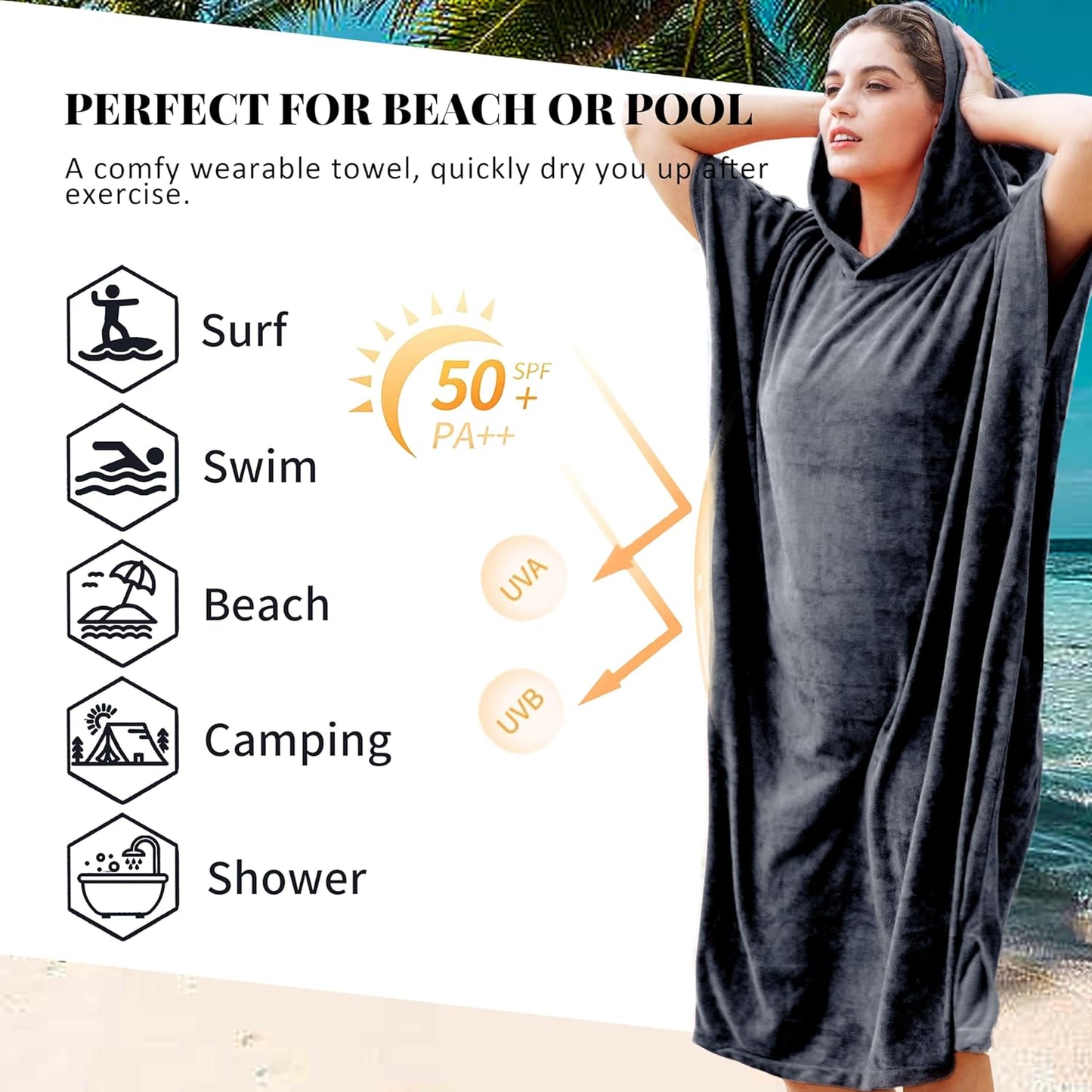Surf Poncho mit Kapuze, Schwarz