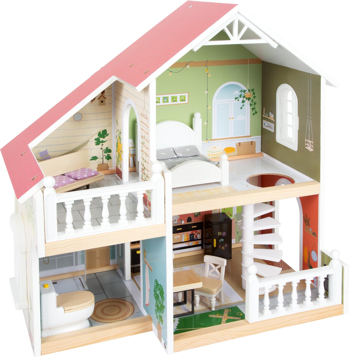 Holzpuppenhaus mit Dachterrasse und Zubehör, Puppenhaus mit Dachterasse