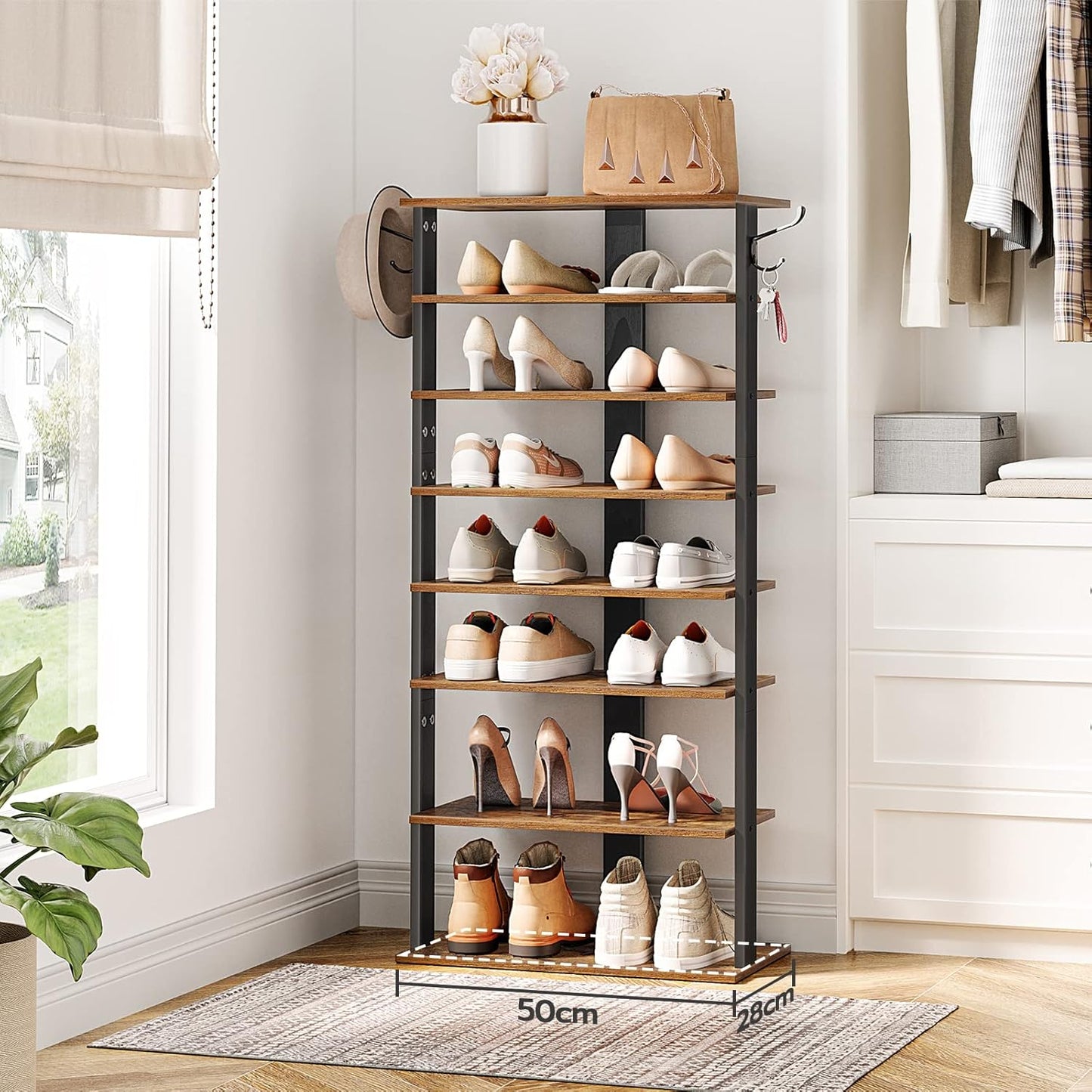 8-lagiges Schuhregal mit Haken, EBF750XJ01, 50 x 28 x 113 cm Dunkelbraun + Schwarz
