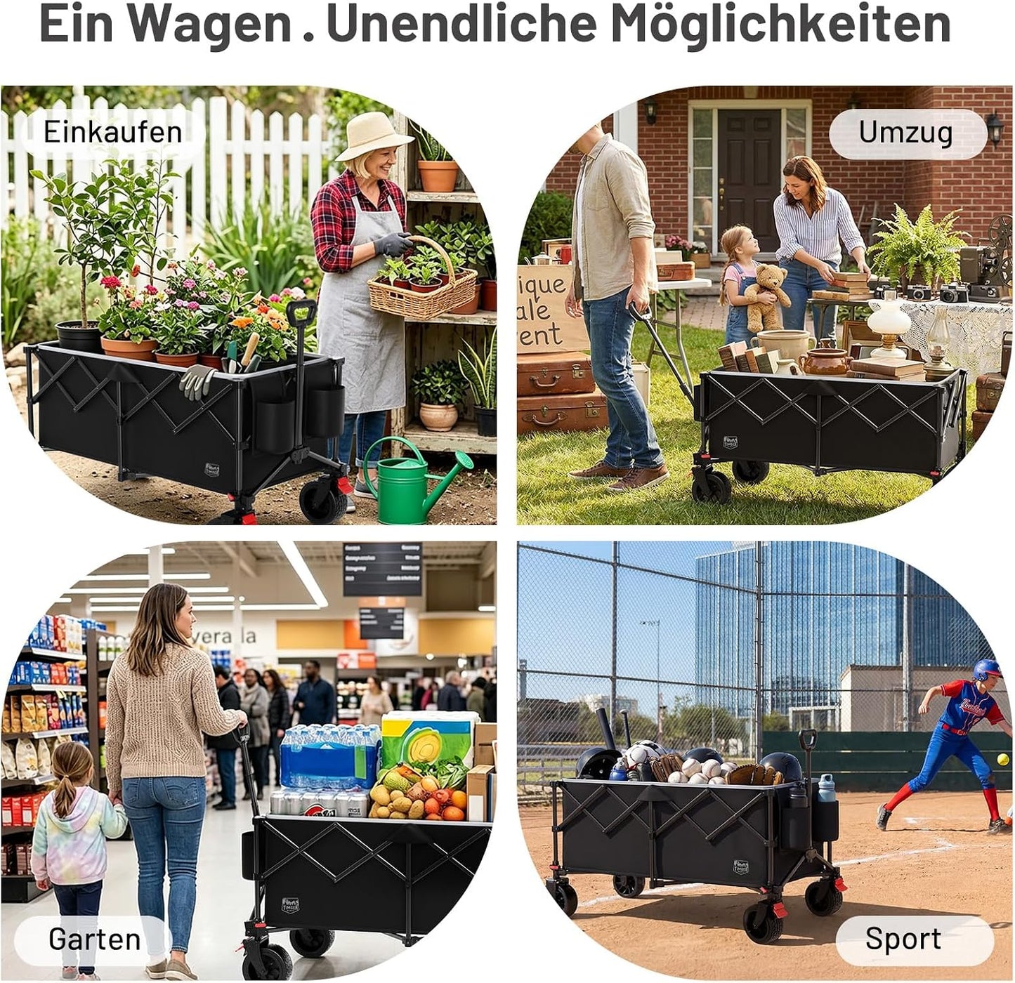 Faltbarer Bollerwagen mit All-Terrain Rädern 150kg, Schwarz