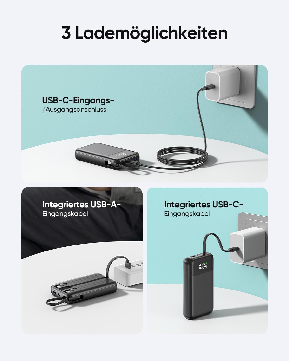 Powerbank mit 4 Kabeln & Schnellladen, Schwarz