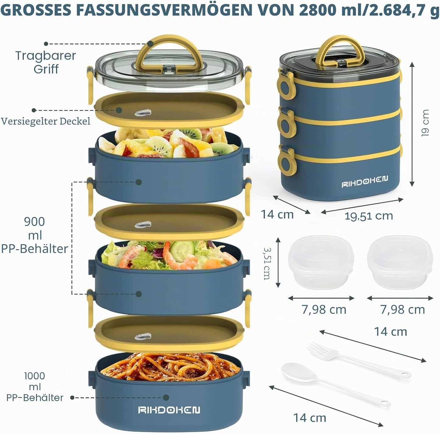 Stapelbare Bento Lunchbox (3-lagig, 2.6 l), Blau