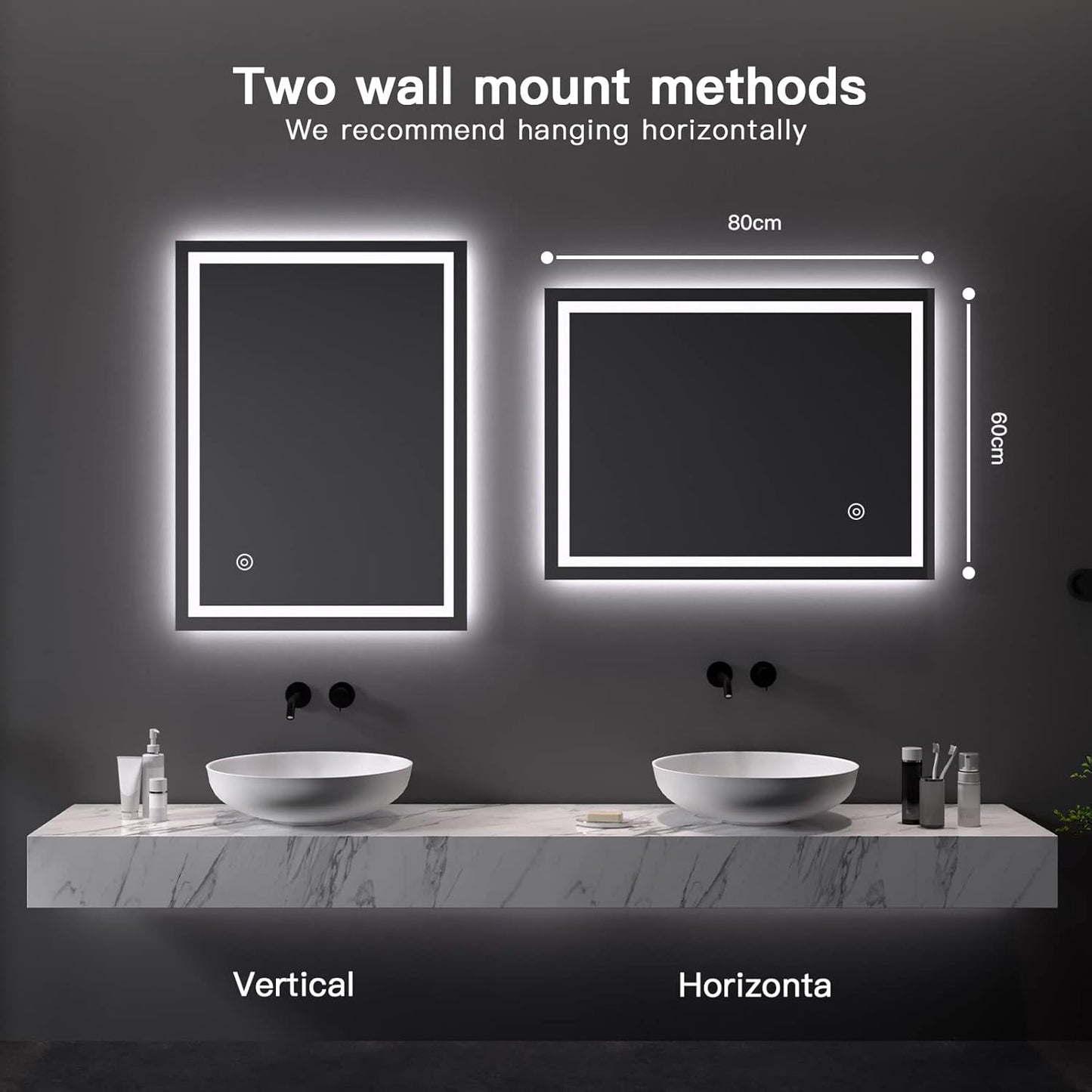 LED Badezimmerspiegel mit Touch-Schalter, Beschlagfrei + Kaltweiss + Touch 60L x 80B cm