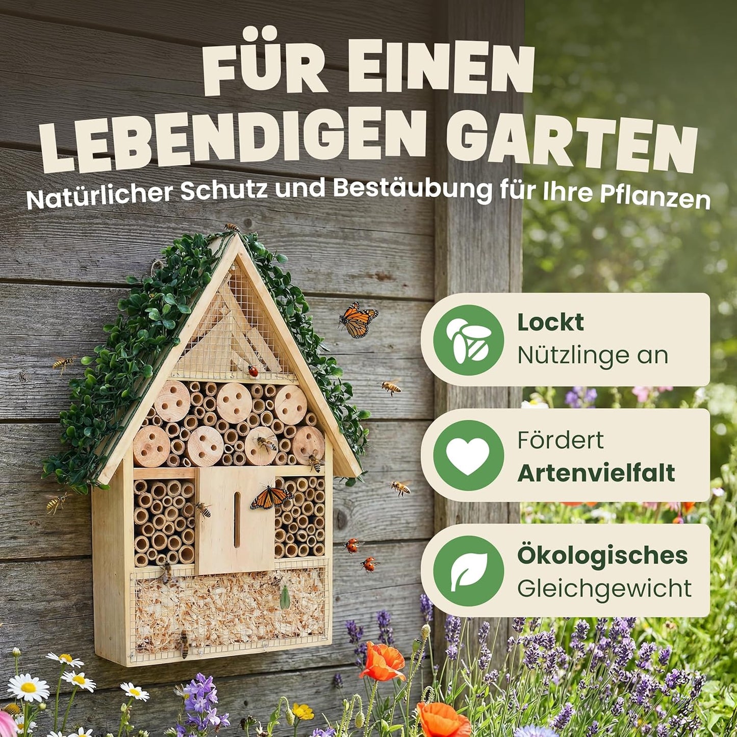 Insektenhotel XXL mit Bambus Röhrchen (39 cm), XXL Insektenhotel – Efeu Dach (39 cm)