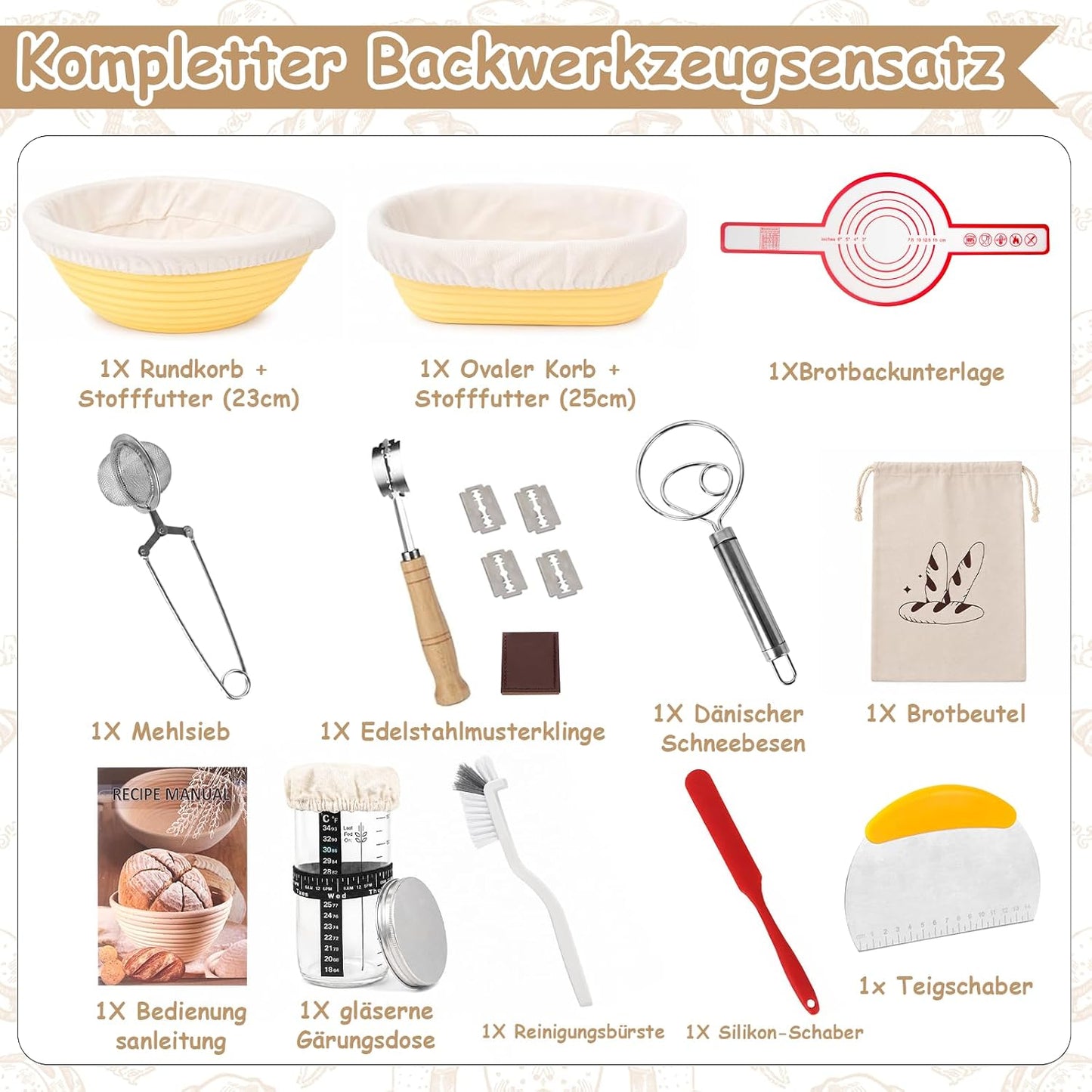 16-teiliges Sauerteig-Starter-Set mit Gärkörben