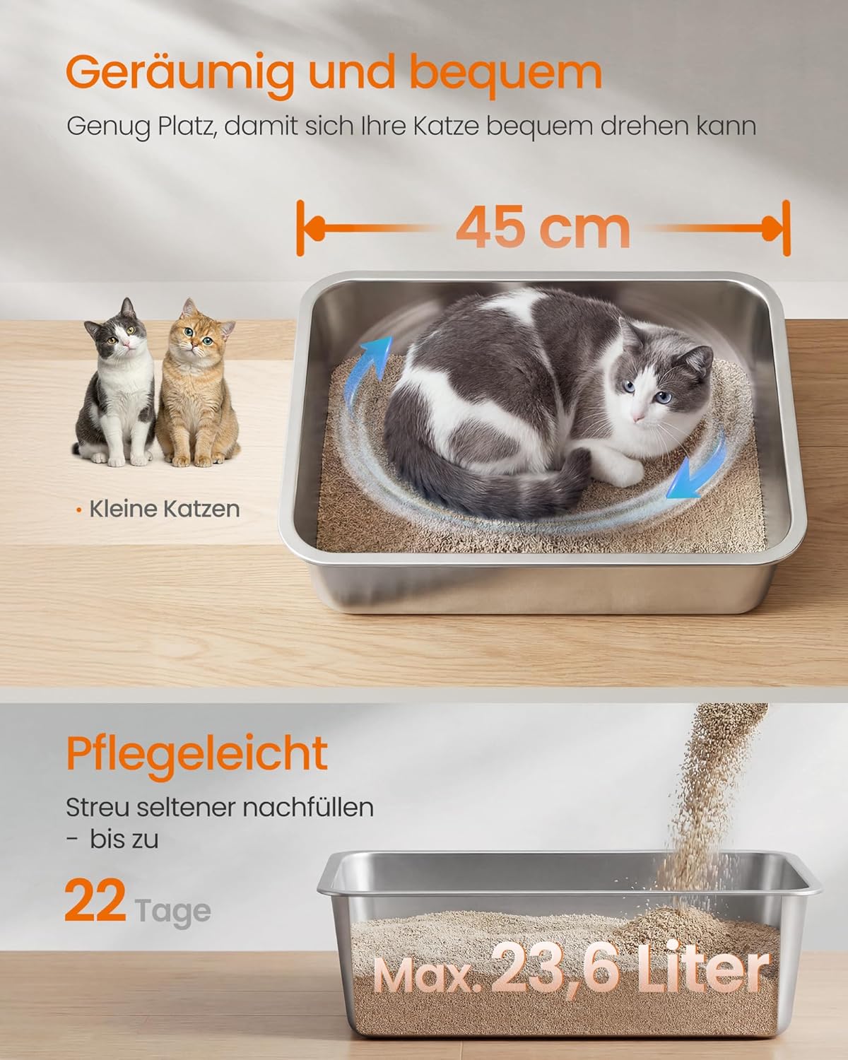 Offenes Katzenklo mit Schaufel, 45 x 35 x 15 cm