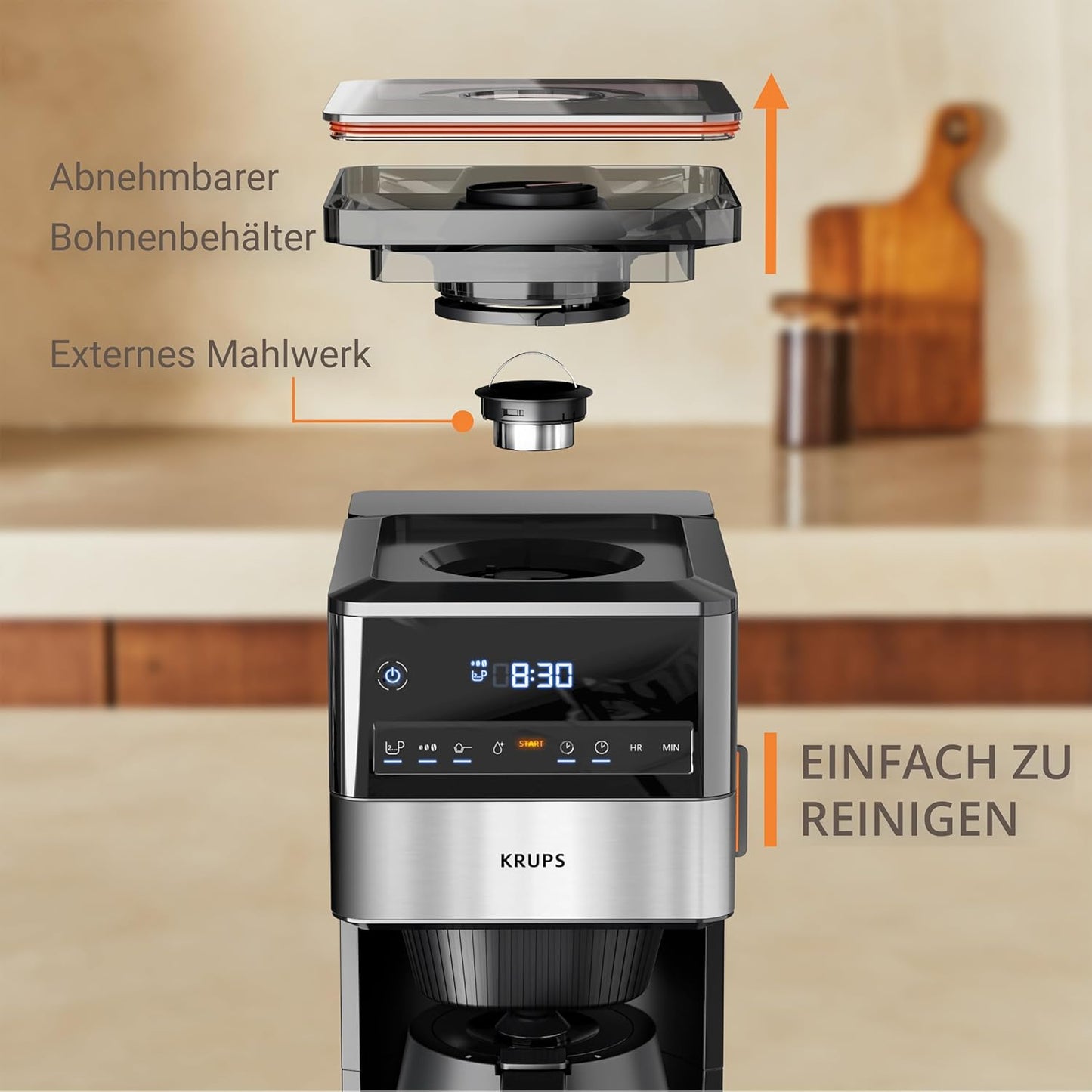 Grind Aroma Filterkaffeemaschine mit Kegelmahlwerk, 1,25 L Edelstahl
