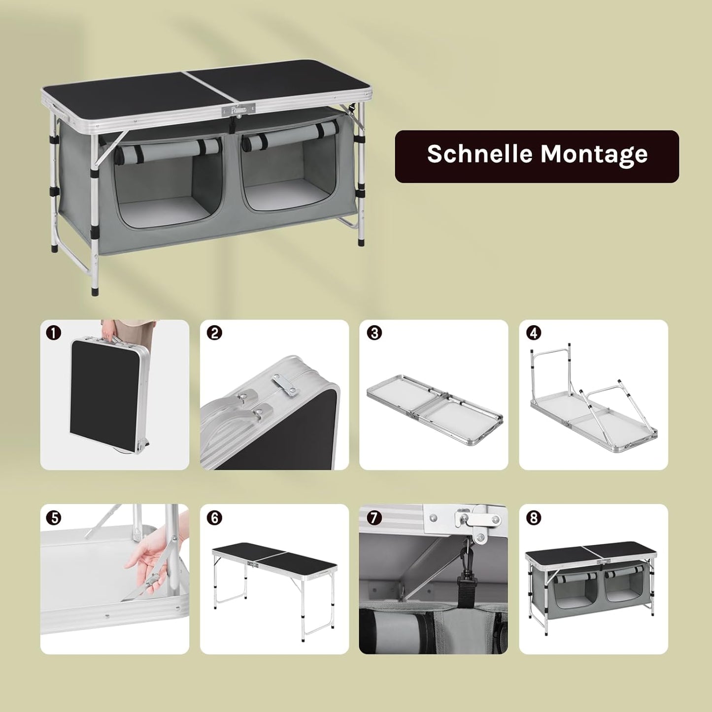 Faltbarer Campingtisch mit Stauraum, Schwarz+grau