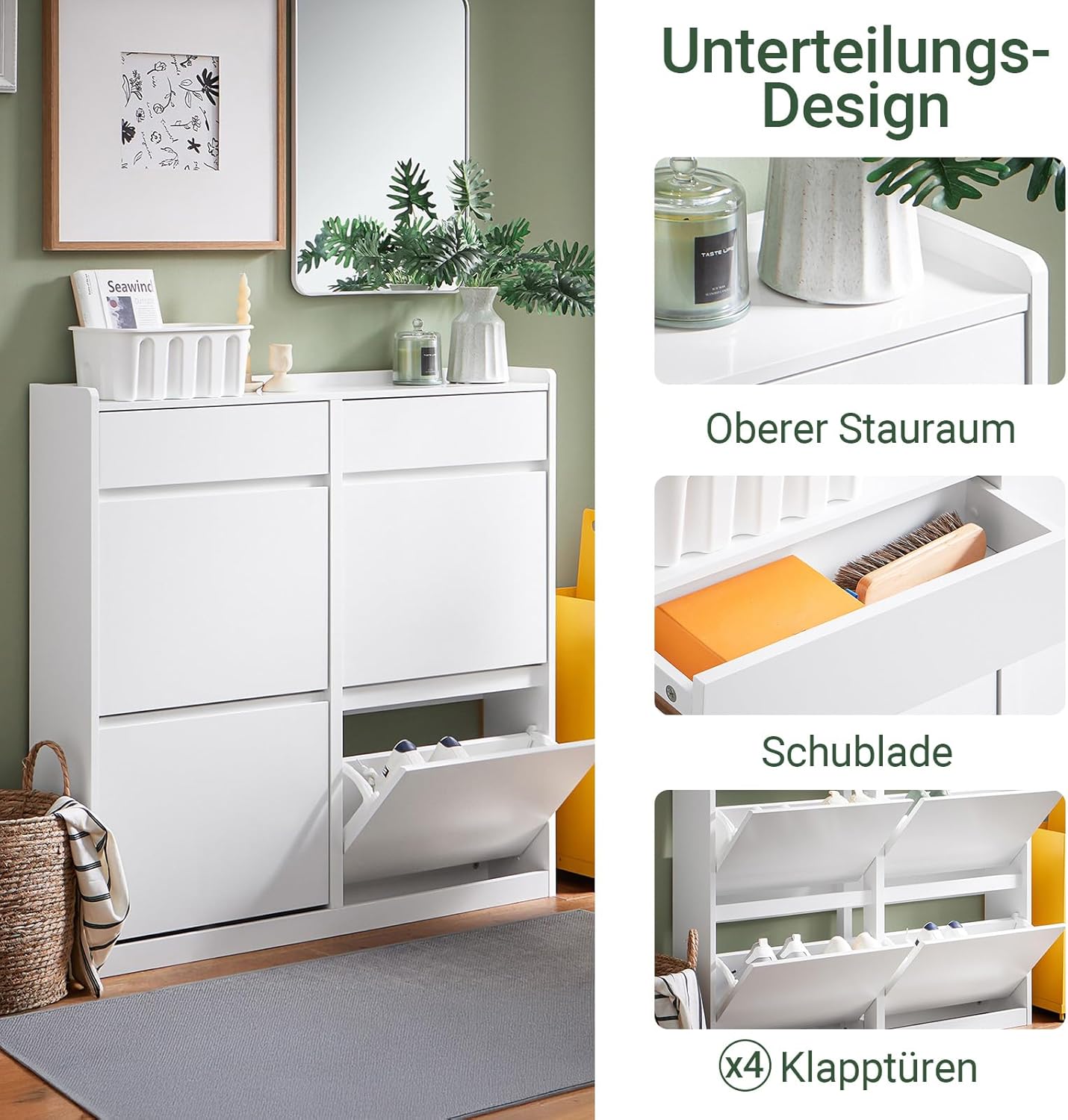 Schuhkipper mit 4 Klappen und Ablageflächen (schmal), Weiss Steinplatte