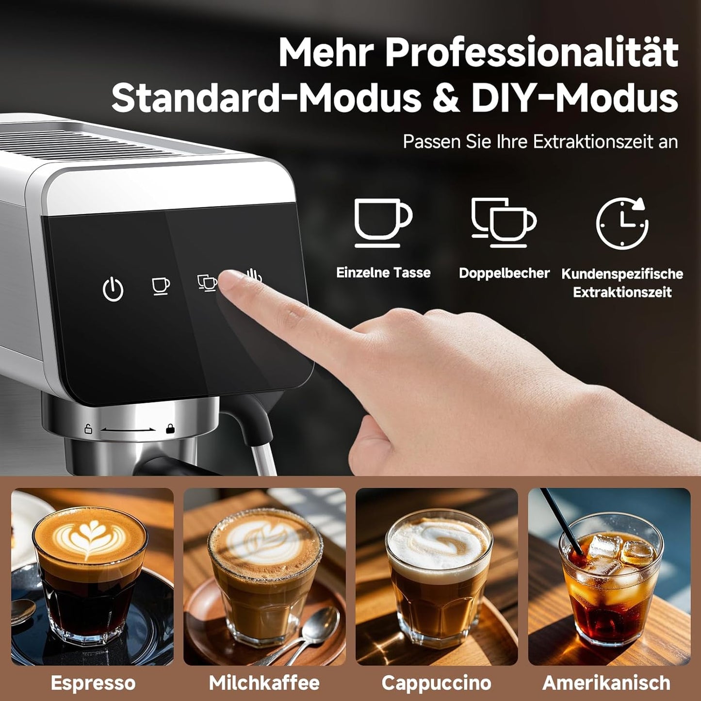 Siebträgermaschine mit LED-Anzeige (2-in-1), Silbrig