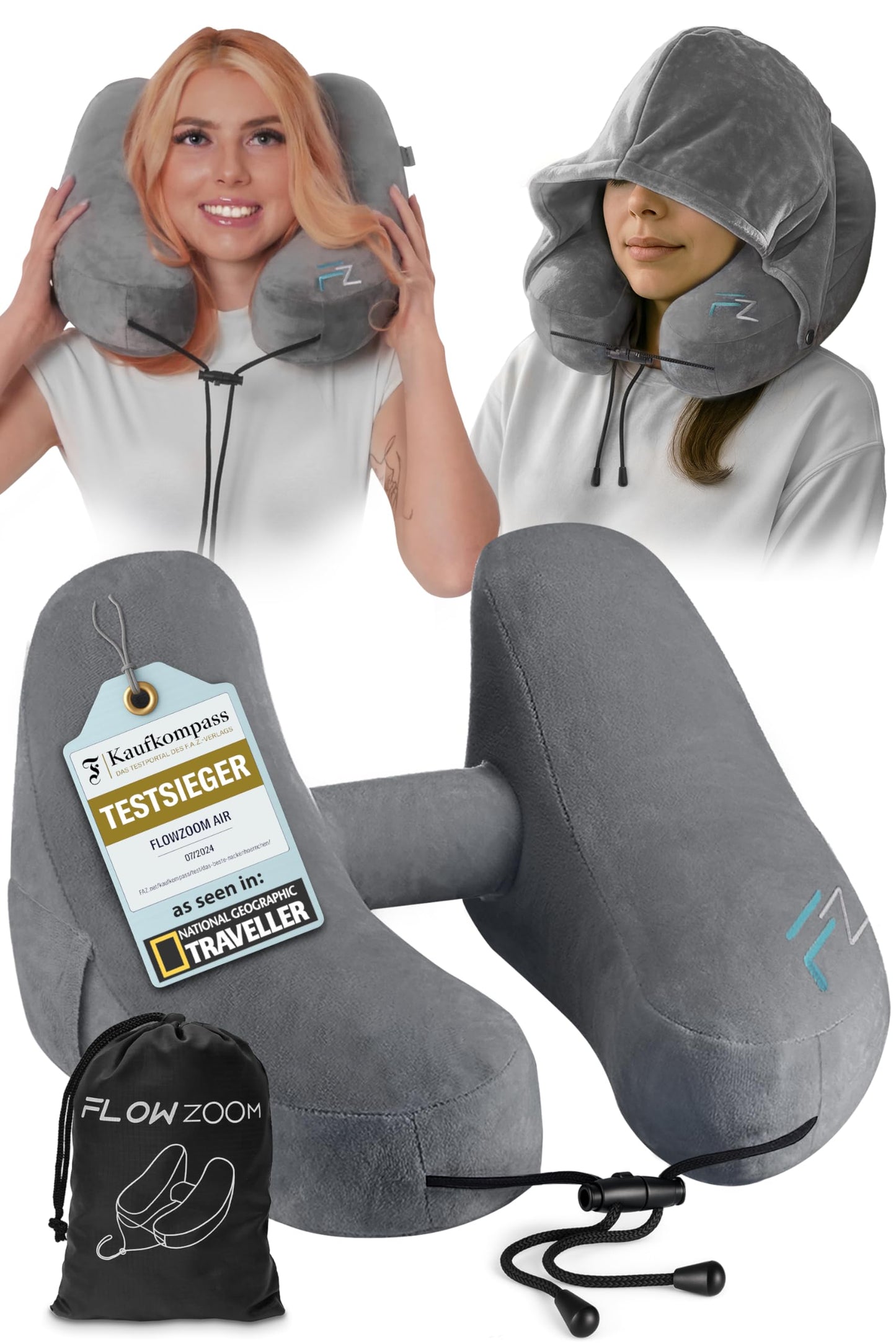 Aufblasbares Nackenkissen Air mit Kapuze, 3) Grau - Grösse M