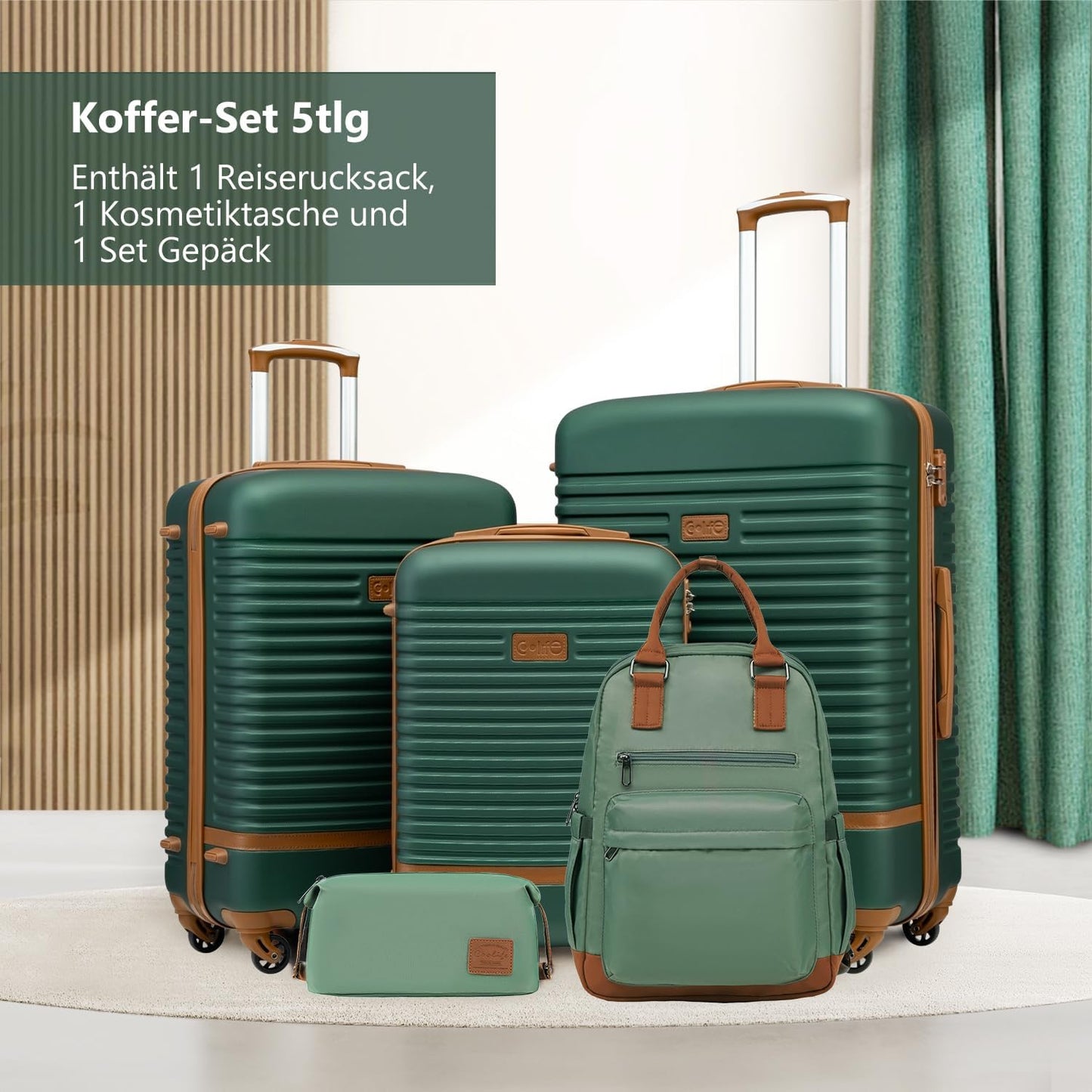 5-teiliges Hartschalenkoffer-Set mit Reiserucksack & Kulturbeutel, Koffer-Set 5tlg Dunkelgrün/Braun