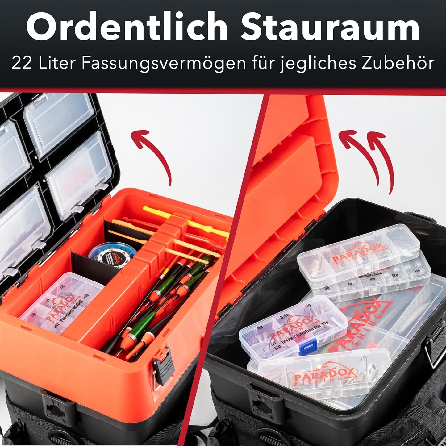 2in1 Angelrucksack mit Sitzfunktion, Schwarz/Rot