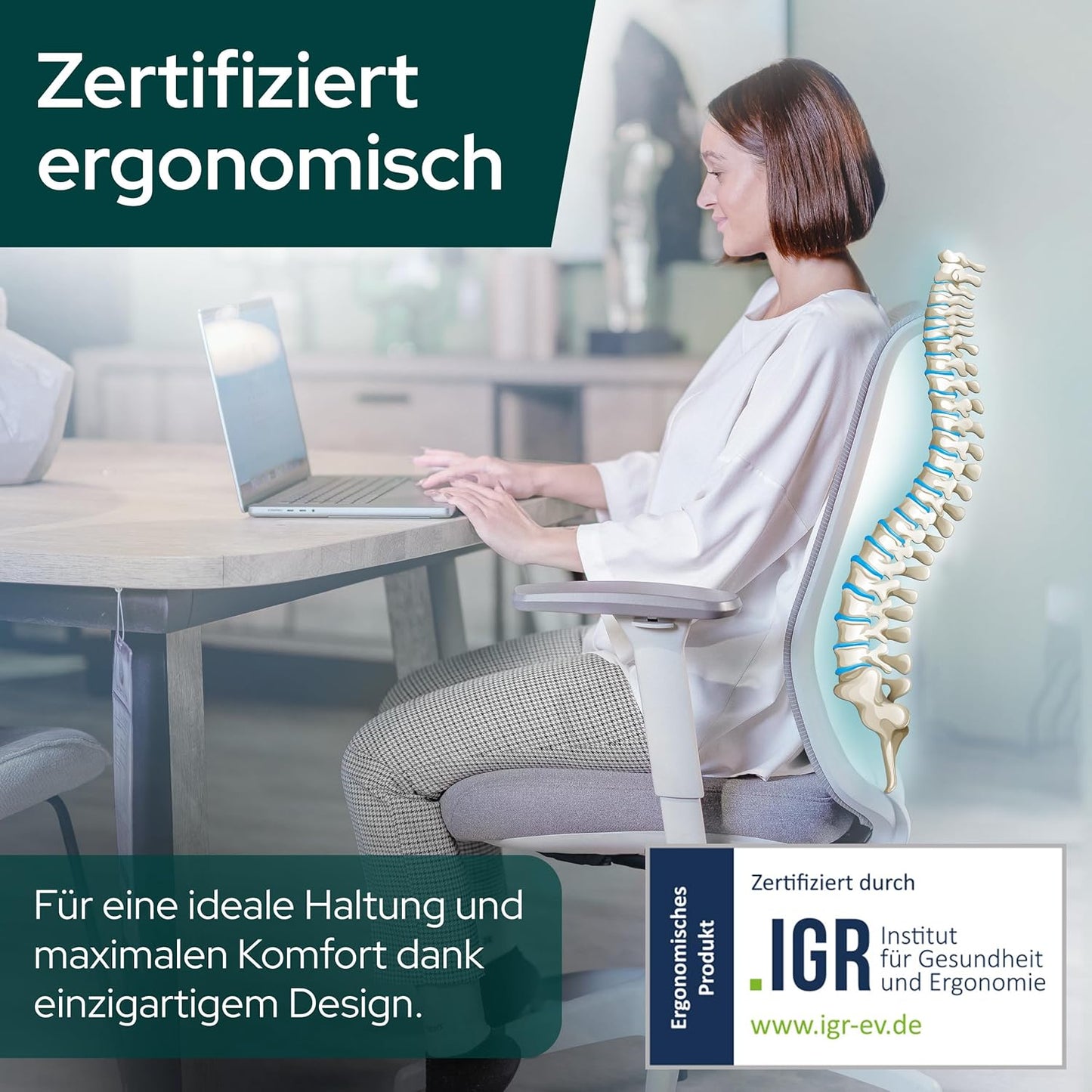 Ergonomischer Bürostuhl mit Lordosenstütze, Ohne Kopfstütze Hellgrau/ Grau