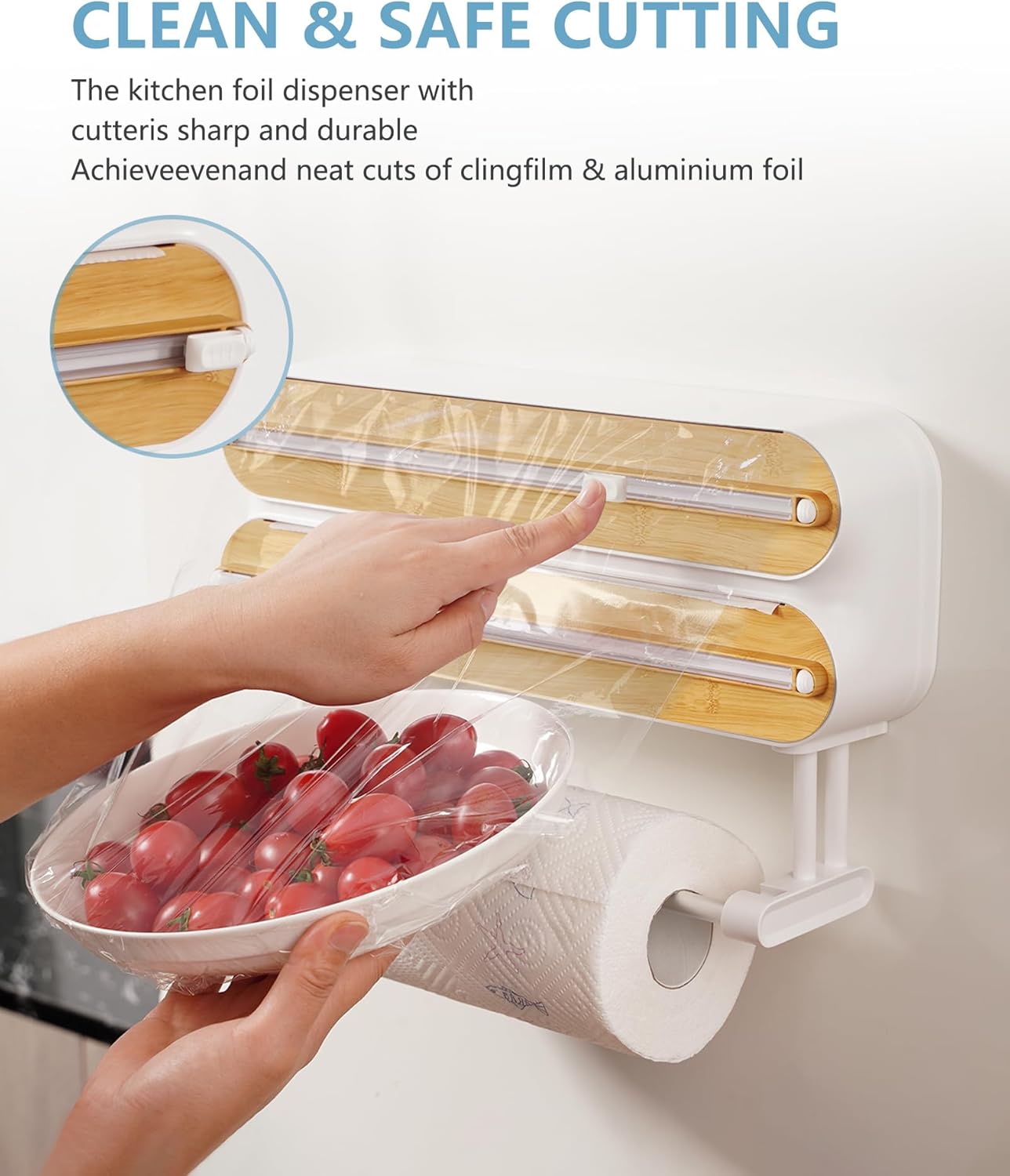 3-in-1 Küchenrollen- und Folienspender mit Cutter, Bambus/Weiss