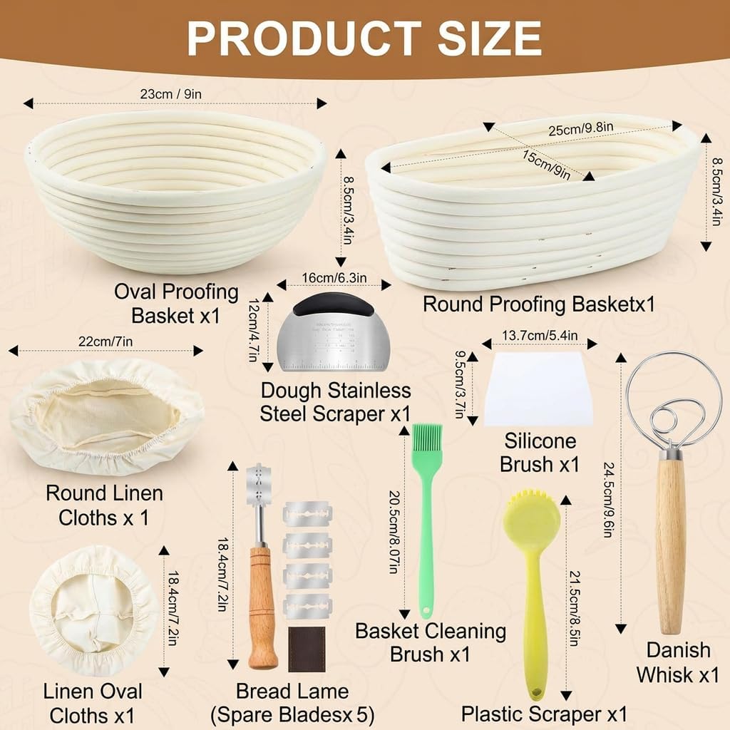 Gärkorb-Set mit Zubehör, 23cm Rund & 25cm Oval