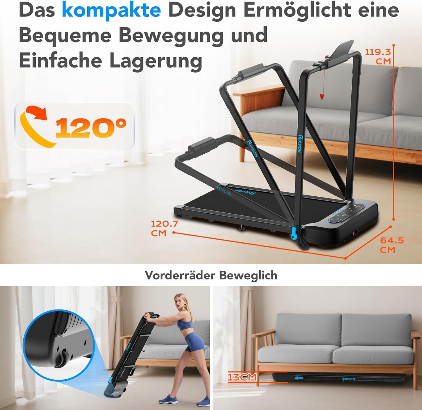 Klappbares Laufband mit Neigung und App-Steuerung, blau