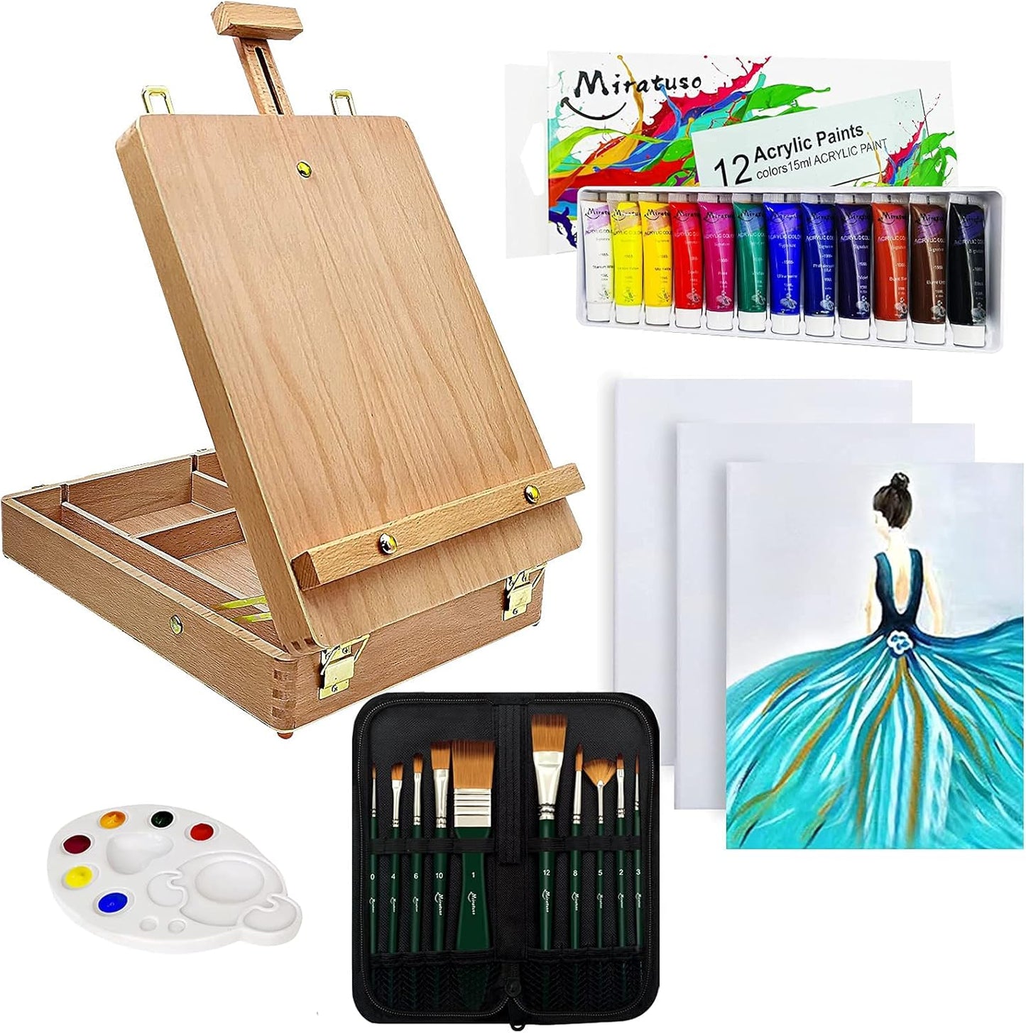 27-teiliges Malset mit Acrylfarben, Tischstaffelei, Wood-Set