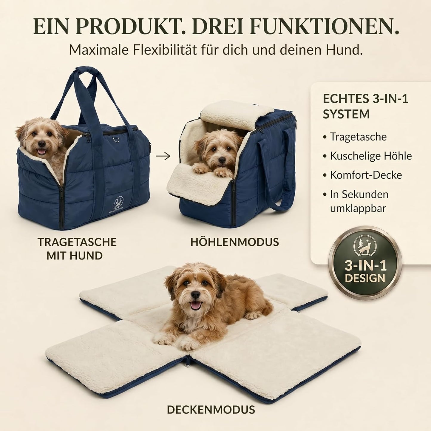 3-in-1 Hundetasche für kleine Haustiere, Navy Blau