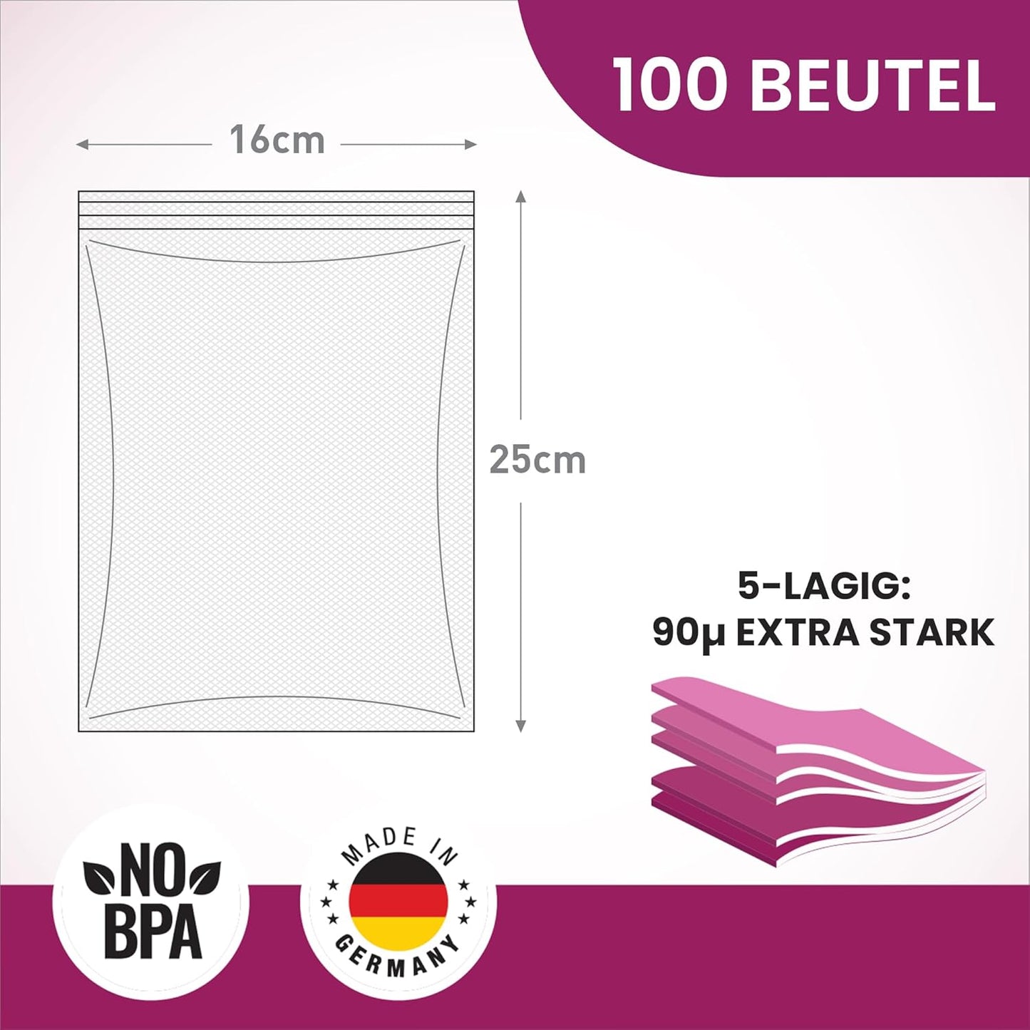 Vakuumierbeutel-Set, 100 Stück, 16 x 25 cm 100 Beutel Transparent