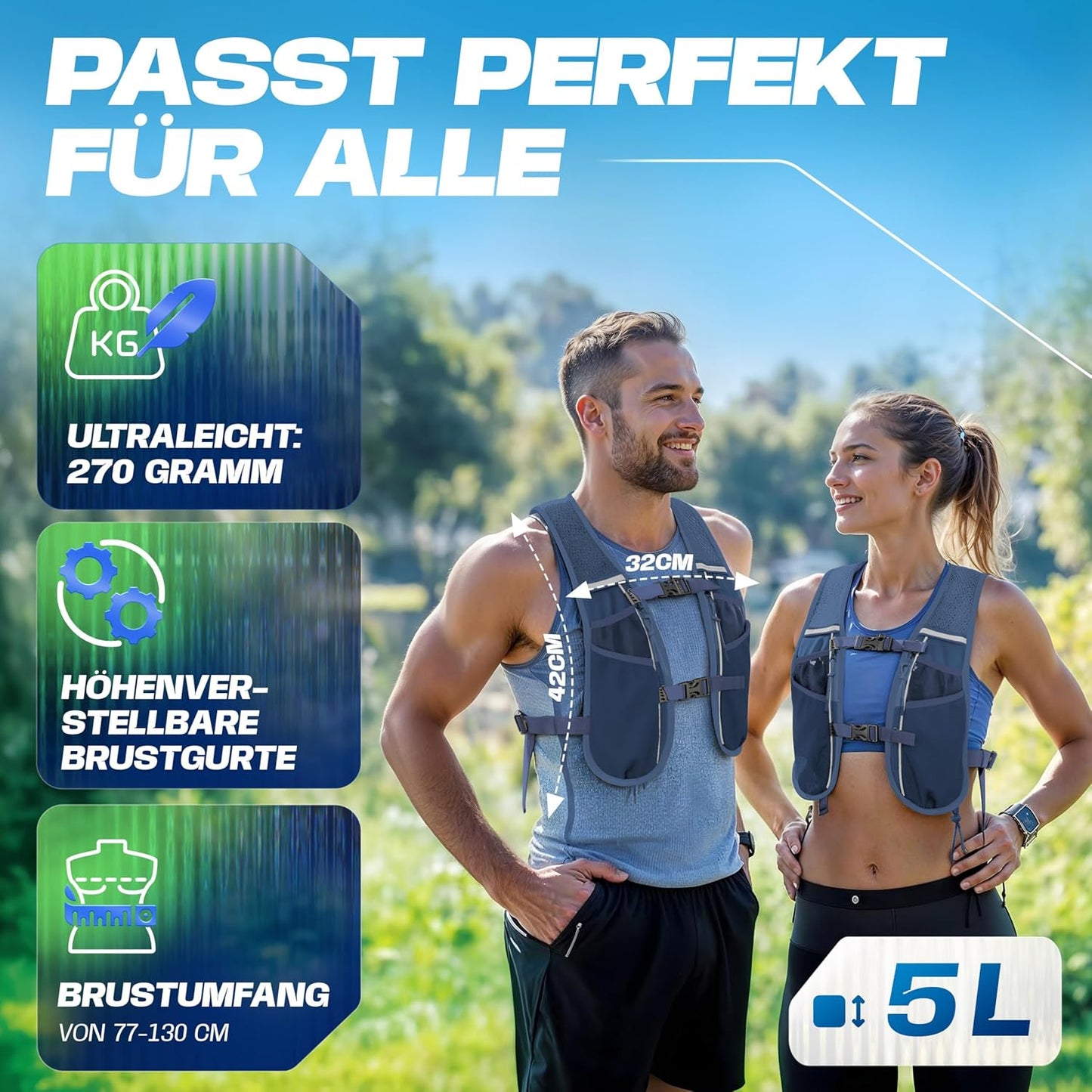 Ultraleichte Running Vest mit Trinksystem (5L), navyblau - mit 1x500ml 5L