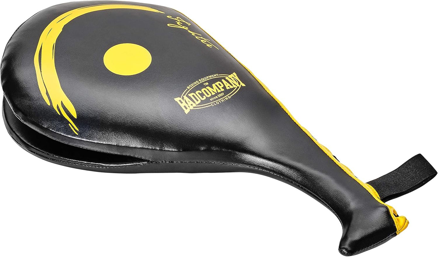Double Kick Mitt Tritt-Handpratze für Taekwondo, schwarz-gelb