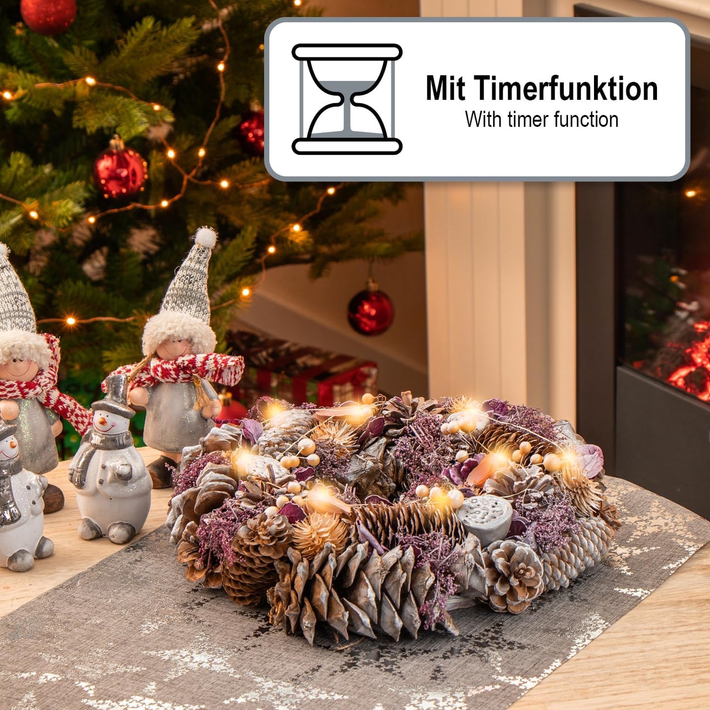 Weihnachtskranz mit warmweissen LEDs und Timer, Grösse 2 - L Led - Zapfen + Blüten - Rosa + Lila