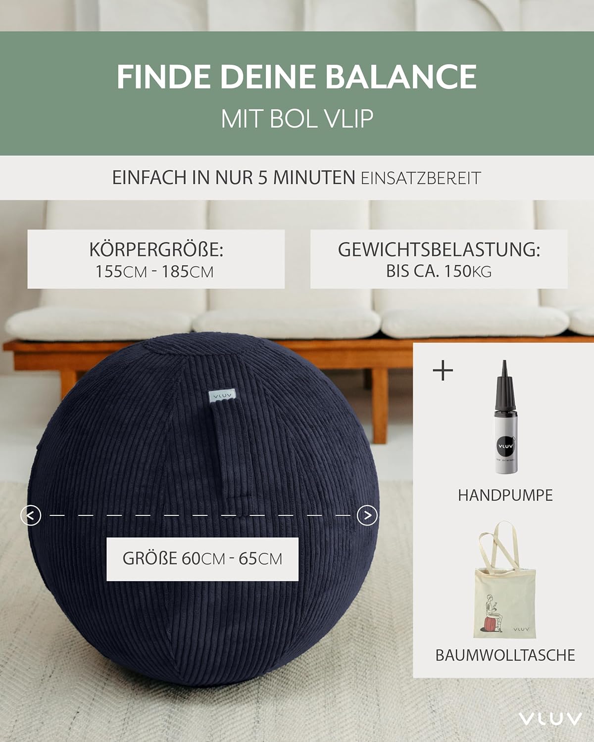 Ergonomischer Sitzball mit Tragegriff, 65 cm, Navy 60 - 65cm