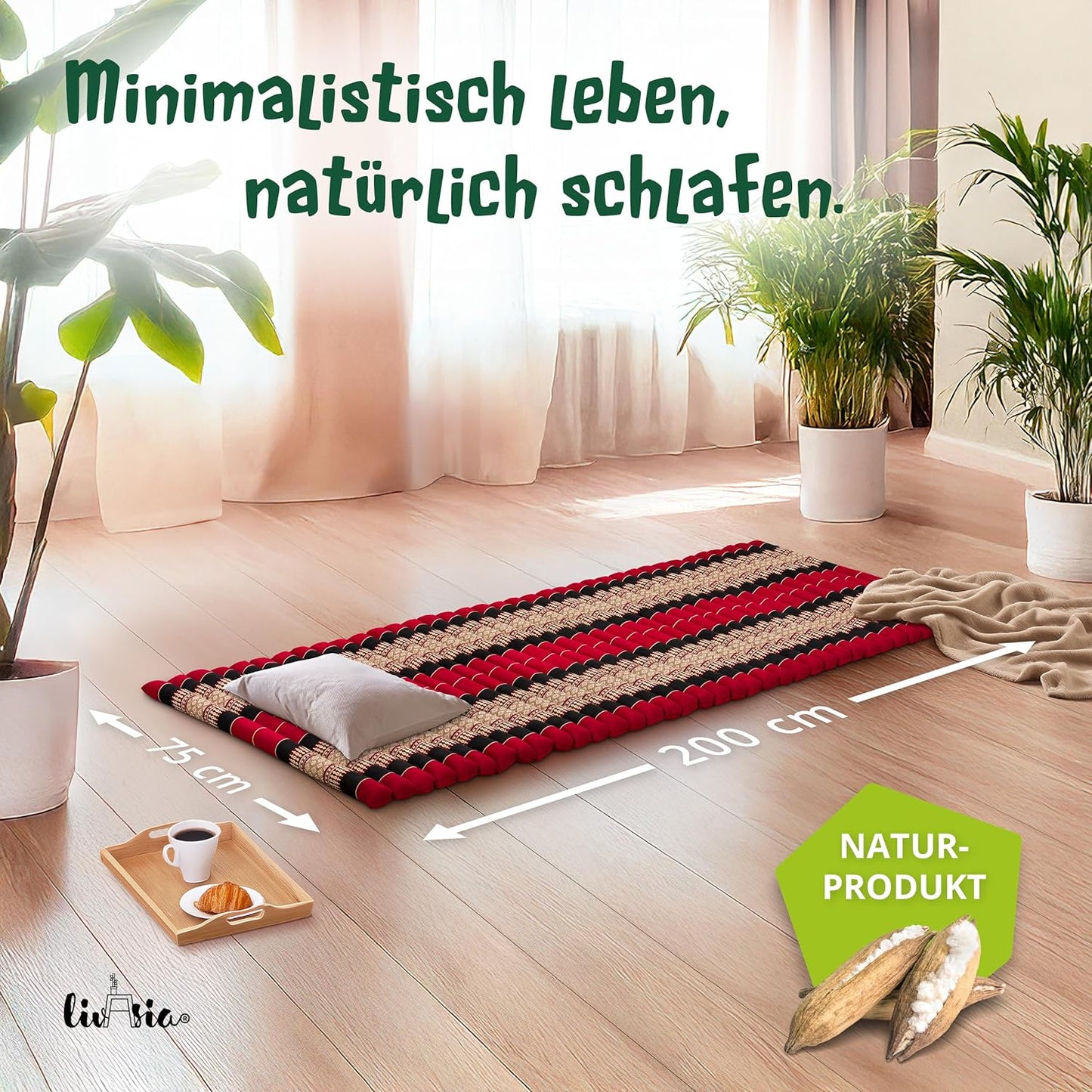 Rollmatte Gästematratze (200x110x4,5cm), M (200 x 75 cm) Rot/Schwarz