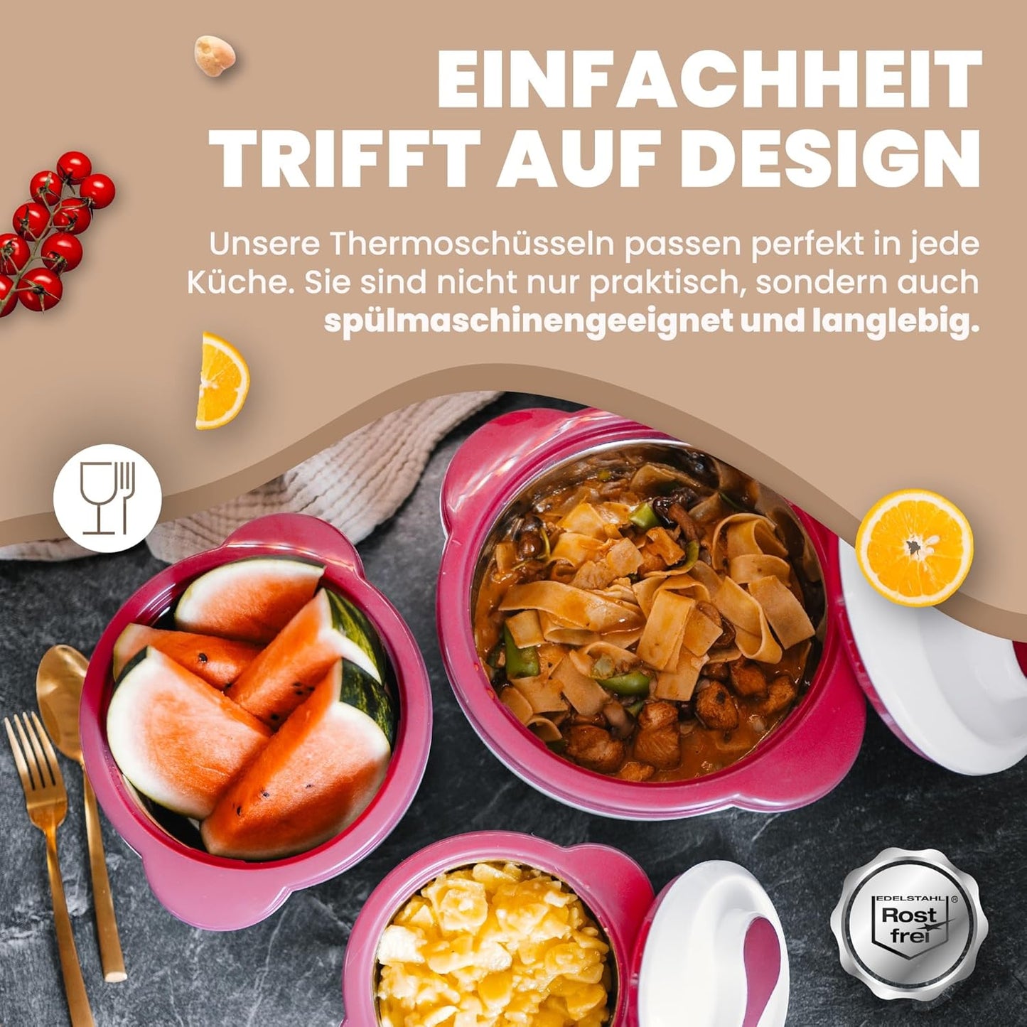 3er-Set Thermoschüssel mit Deckel, Beere