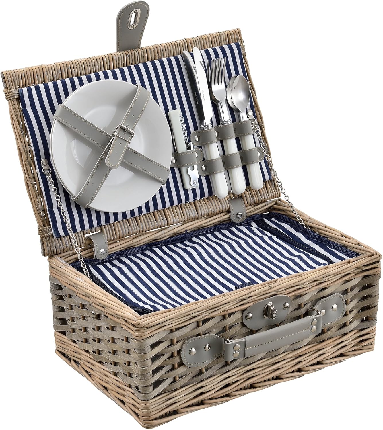 Picknickkorb-Set für 2 Personen mit Kühltasche, Blau-weiss 38 x 25 x 16 cm