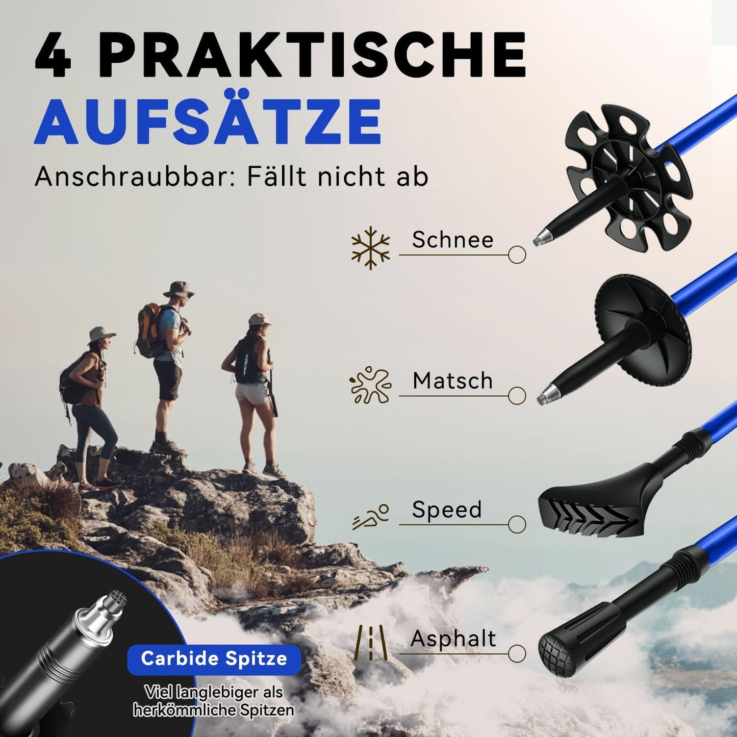 Faltbare Trekkingstöcke mit Gummipuffer und Tragebeutel, Blau