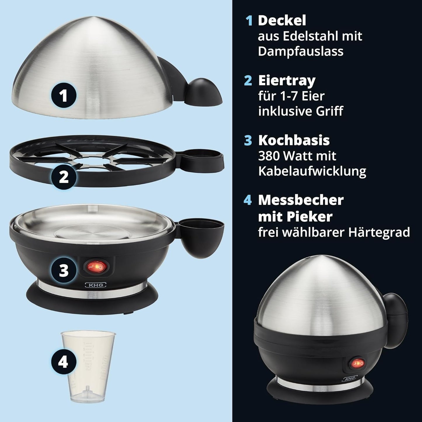Eierkocher für 7 Eier, Silber/Schwarz