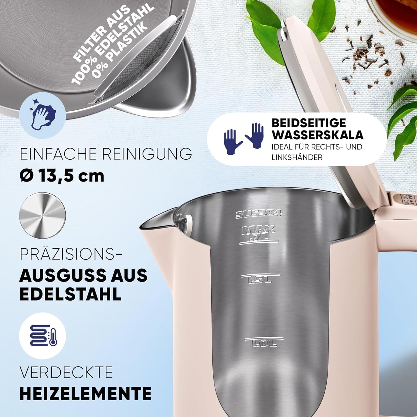 Wasserkocher mit Warmhaltefunktion und Temperatureinstellung, Beige