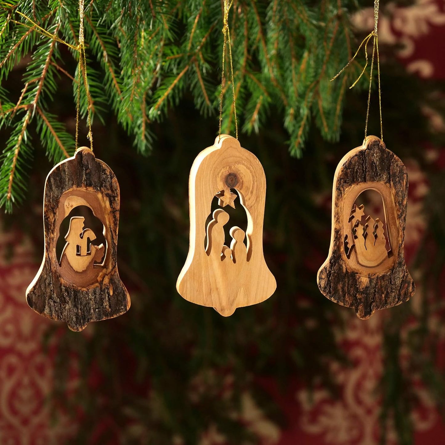 3-teiliges Baumschmuck-Set - Krippe, Glocke mit Rinde