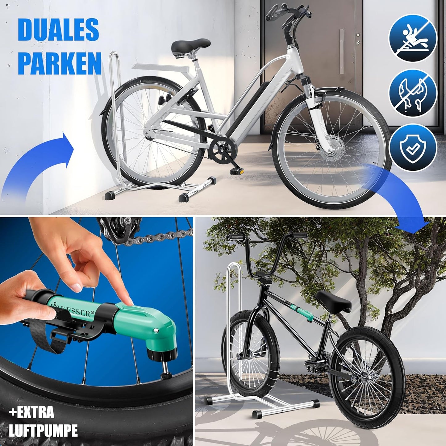 Fahrradständer inkl. Luftpumpe, Silber 1er Set
