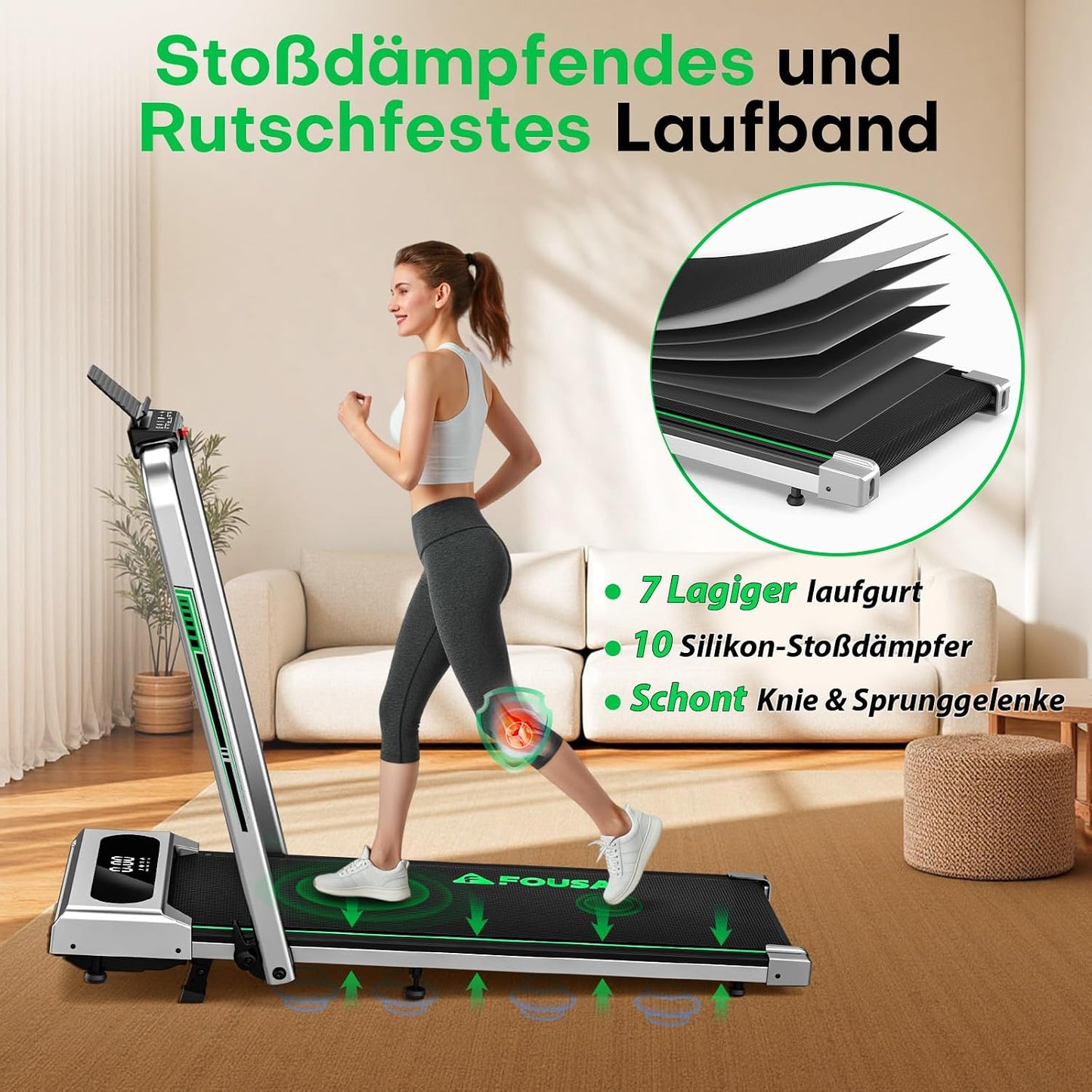 5 in 1 Klappbares Laufband mit Steigung und App-Steuerung, Silber-grün