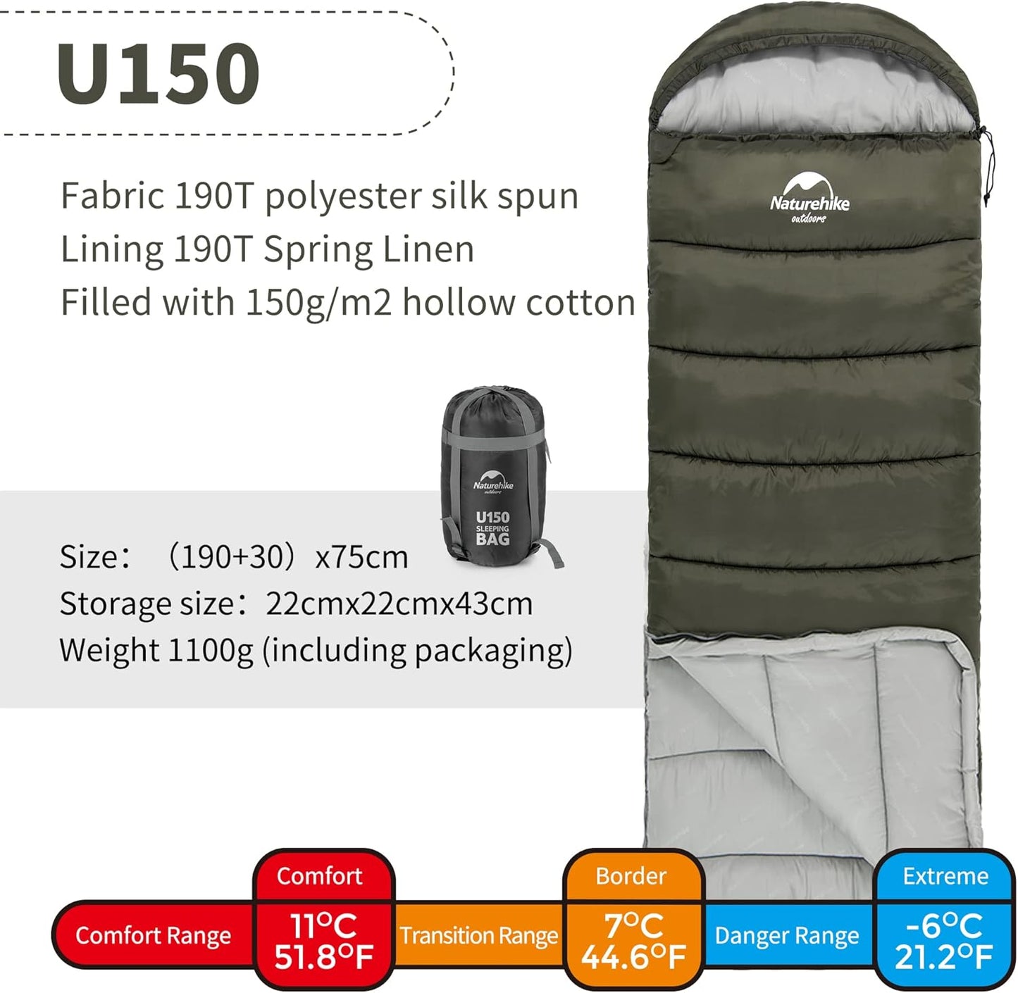 Schlafsack mit Kapuze, Grün (11°C)