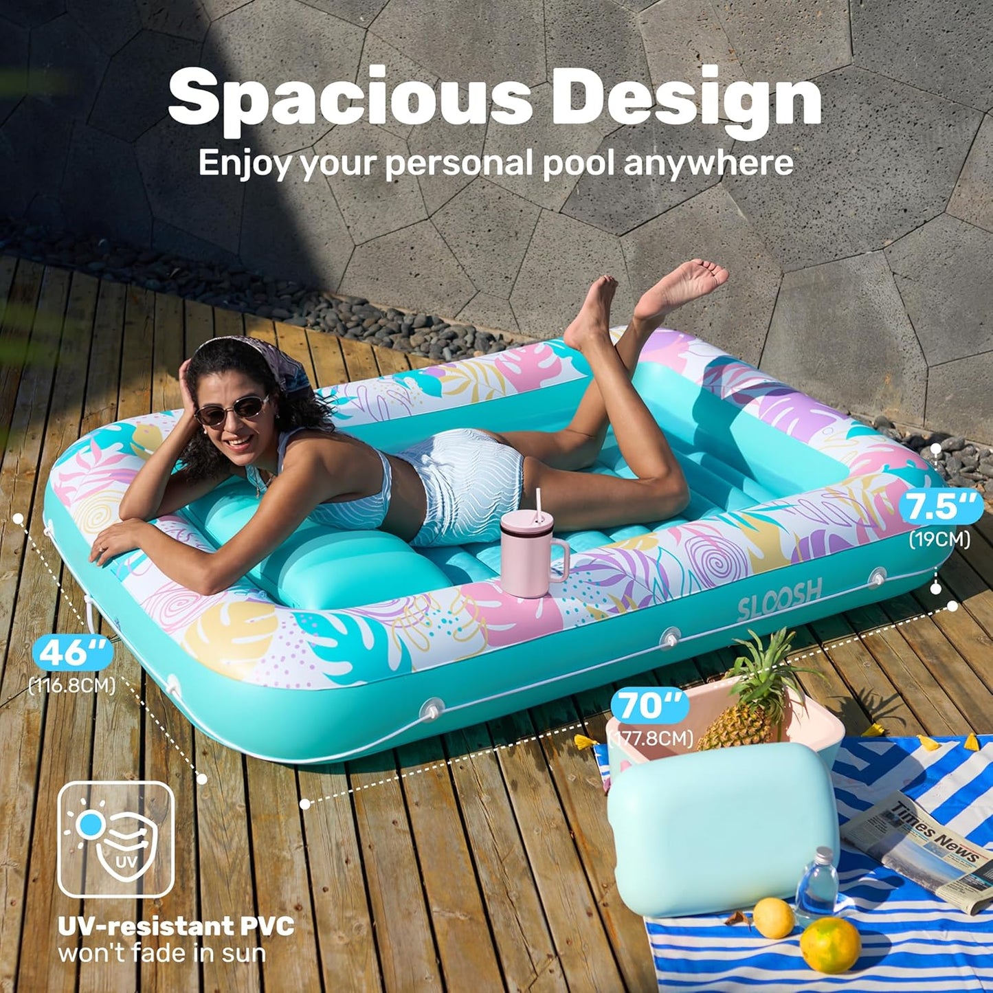Aufblasbarer 4-in-1 Sonnenliegepool mit Kissen und Getränkehalter, Tropisches Blau L