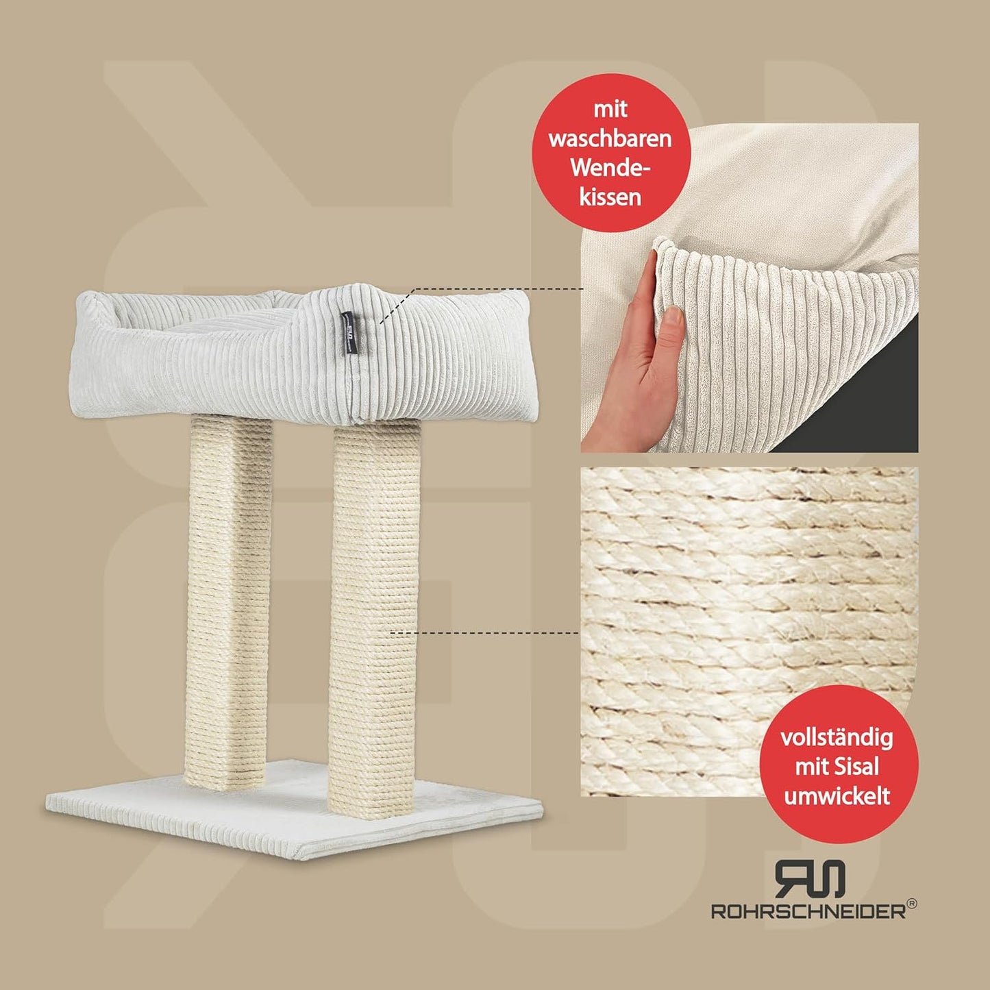 Moderner Kratzbaum Wolly, Cordstoff breit beige