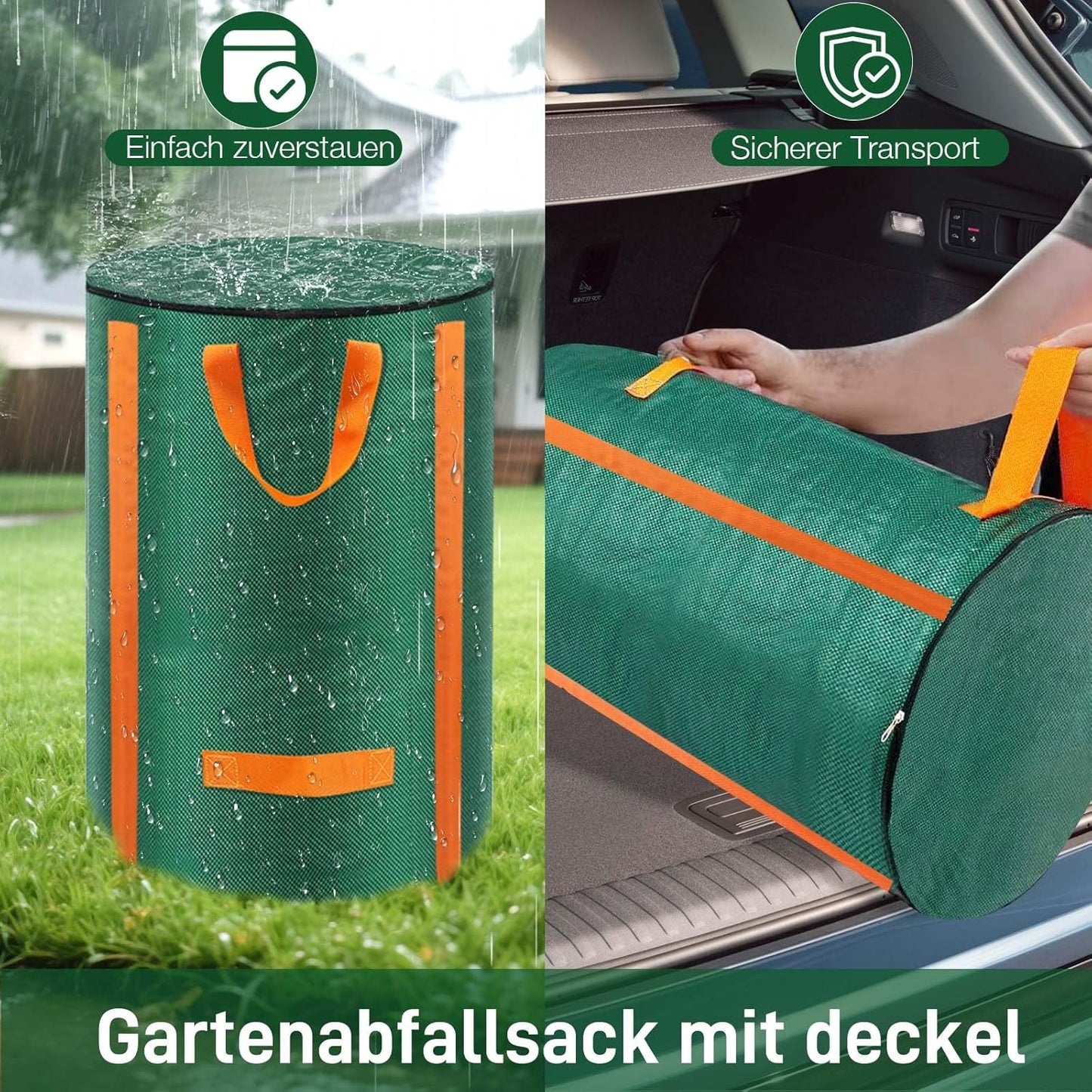 3-teiliges Gartenabfallsack-Set mit Deckel und Griffen, 3x 120L