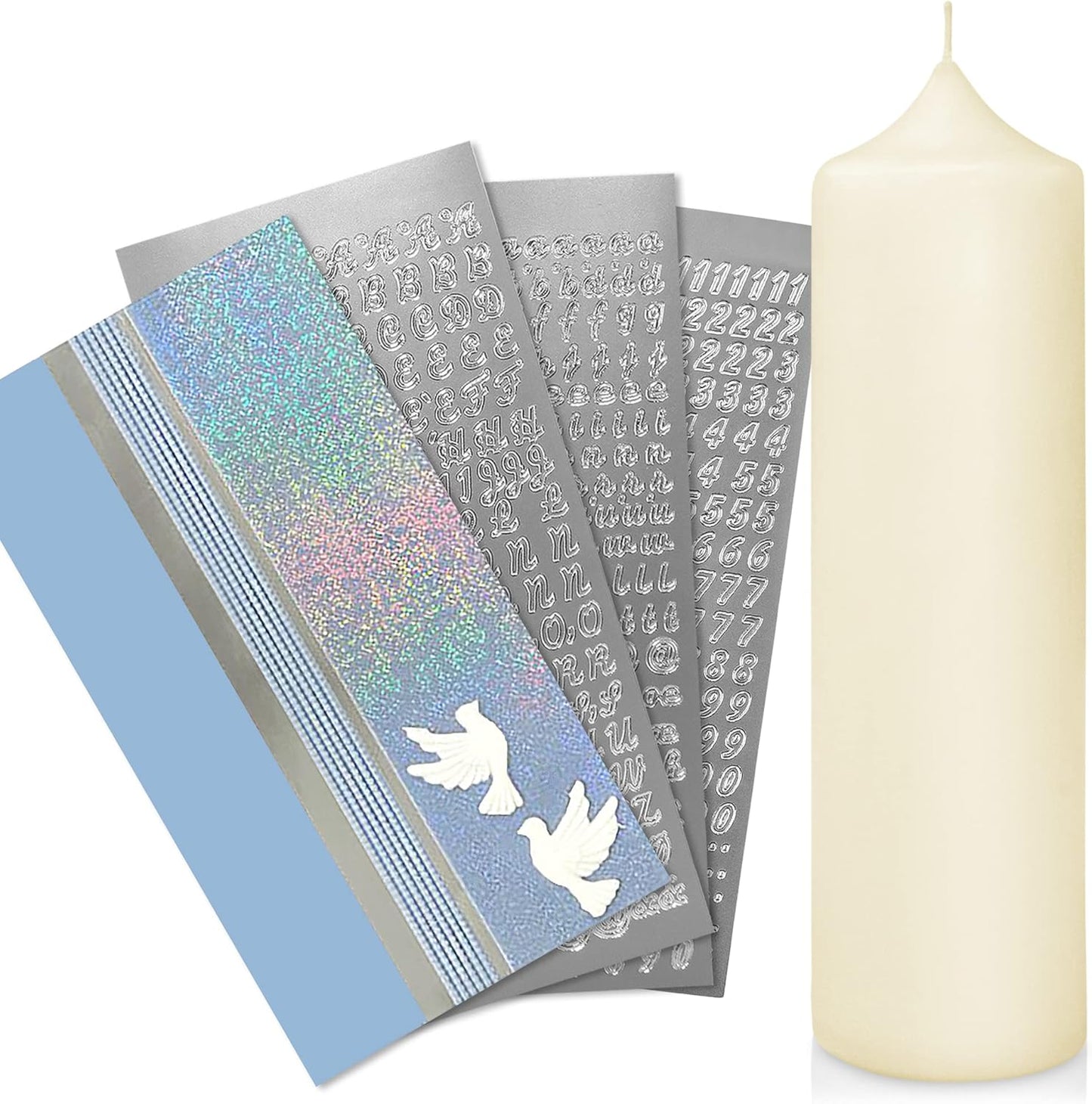 Taufkerze Bastelset mit Buchstaben und Wachsmotiven, Blau mit Taube Kerze 25x7 cm | Creme