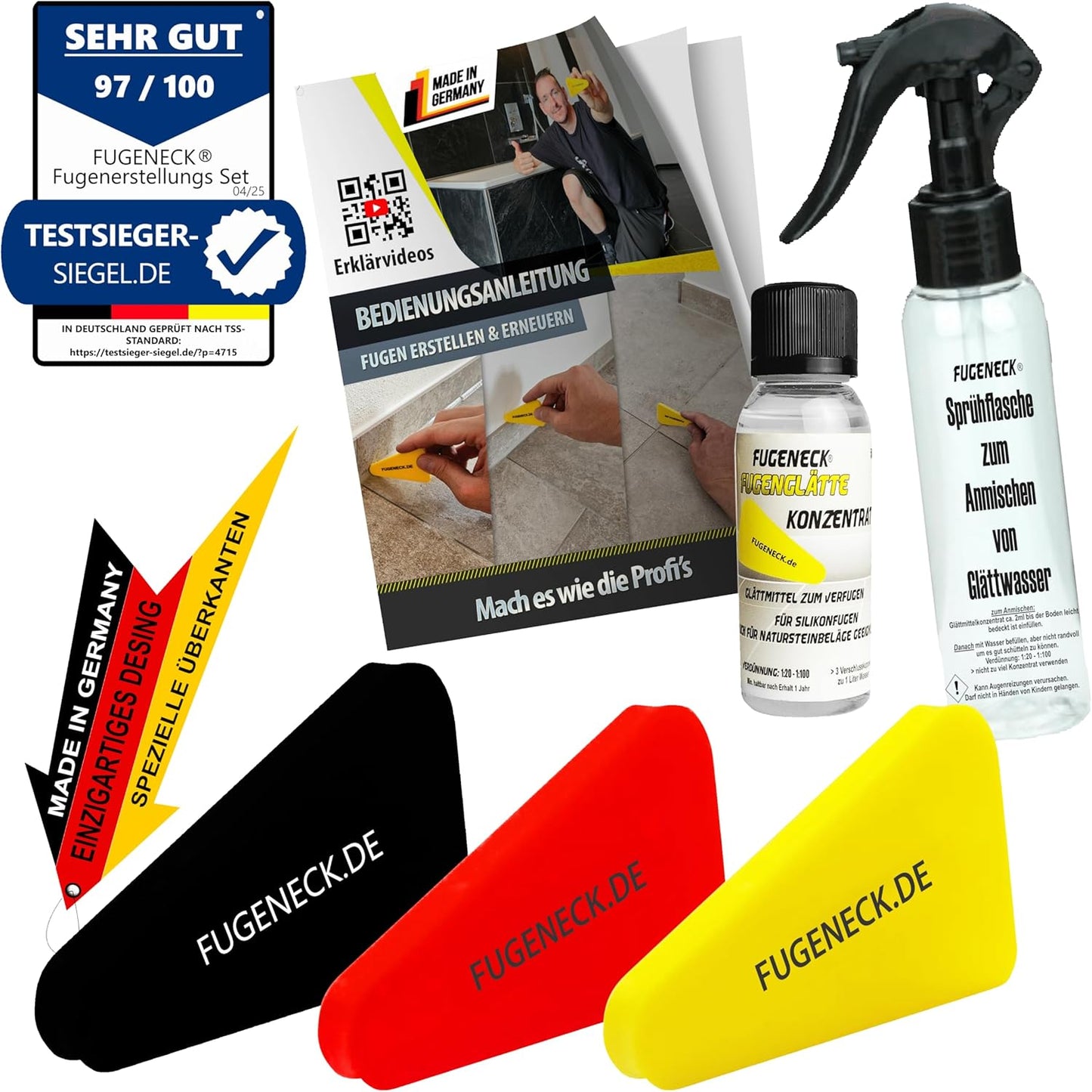 Fugenabzieher Set mit Glättmittel und Anleitung, FUGENECK + Glättmittel Sprühflasche