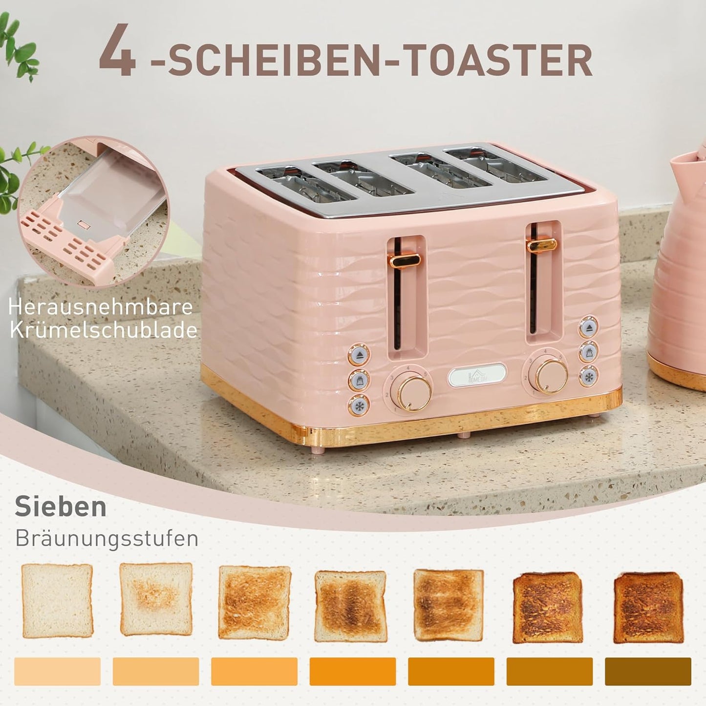 Frühstücksset mit Wasserkocher und 4-Scheiben Toaster, Rosa