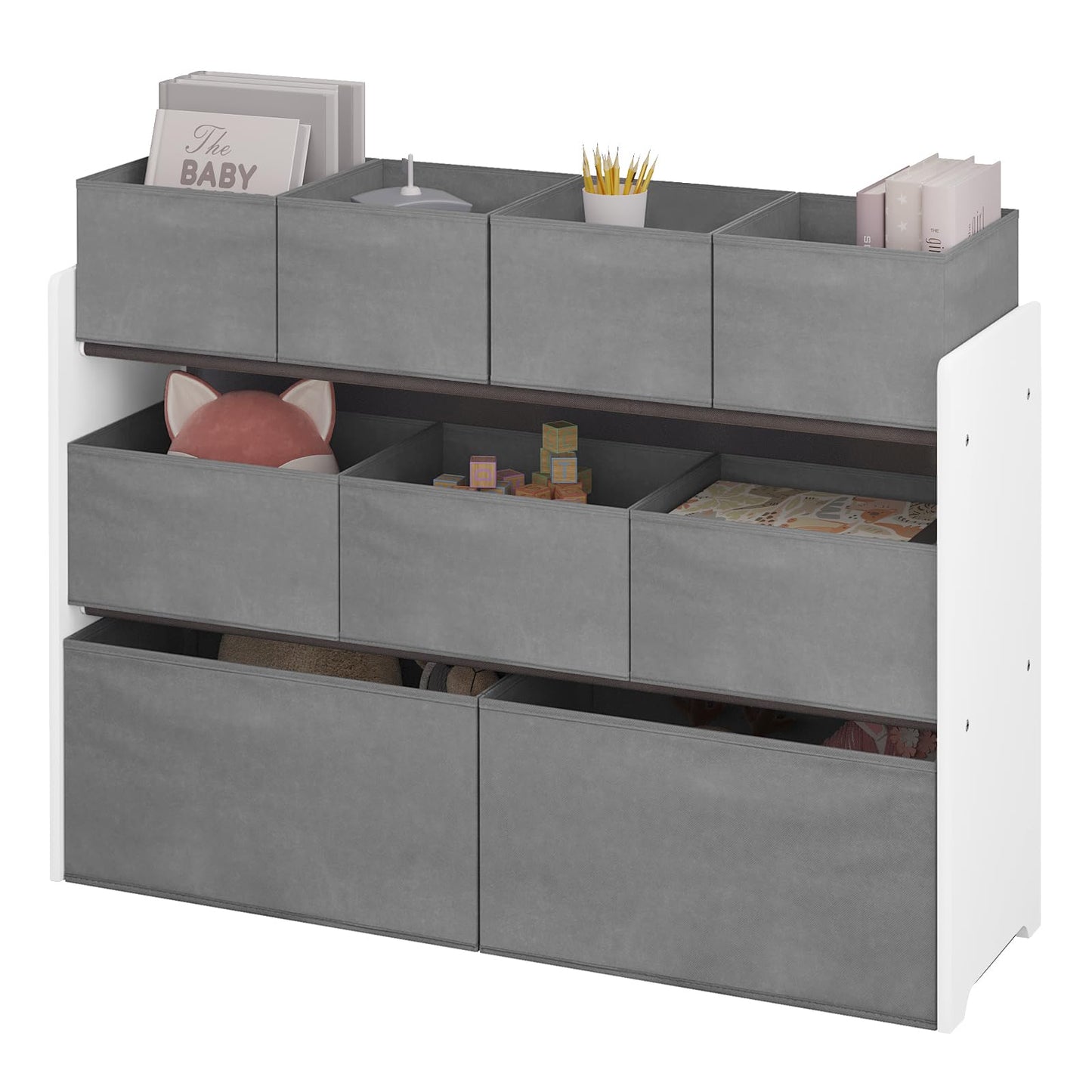 Kinder-Aufbewahrungsregal mit Vliesstoffboxen, Weiss+grau 92x60x30 cm