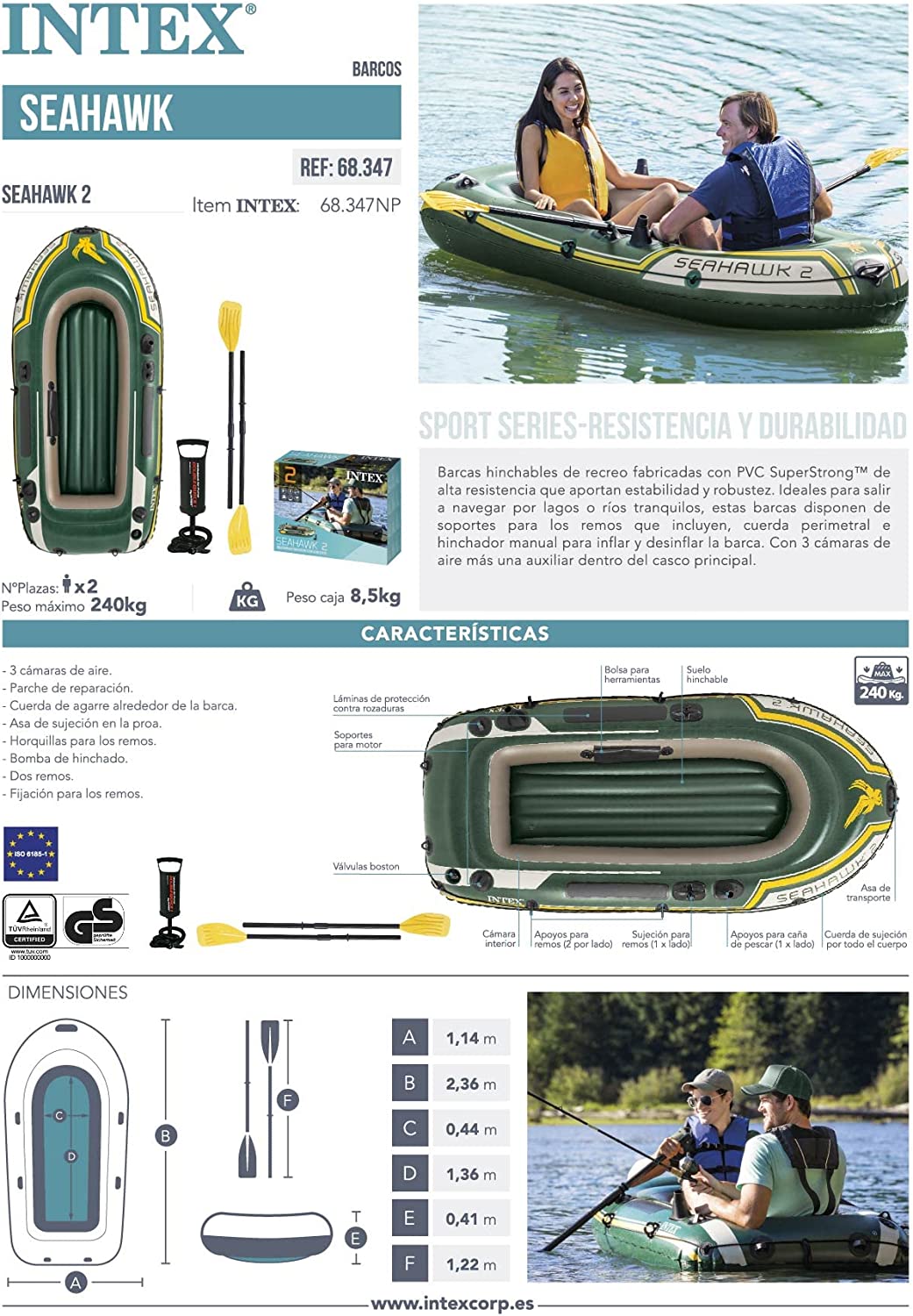 Schlauchboot Seahawk 2, Set, 236 x 114 x 41 cm mit Rudern und Inflator Single